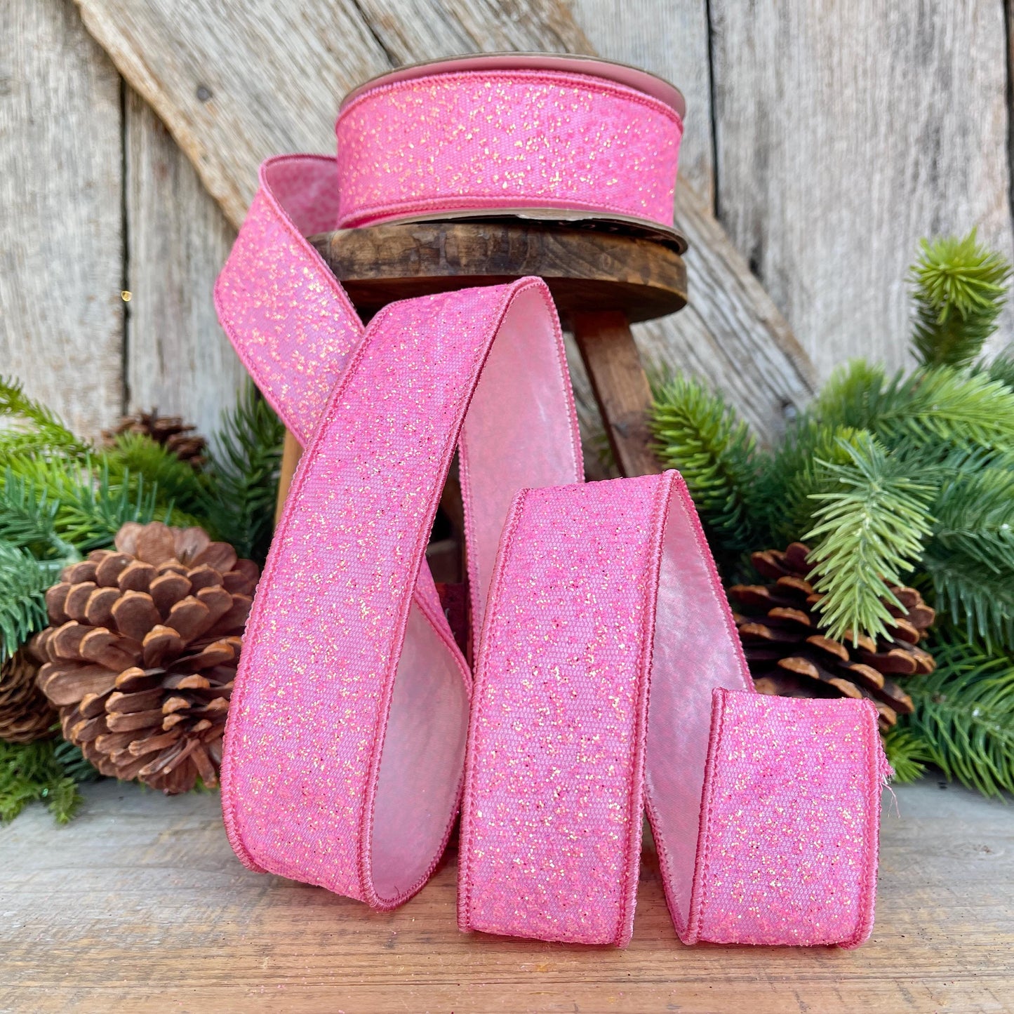 1.5" Pink Sparkle Ribbon, Christmas Ribbon, Pink Glitter RIbbon