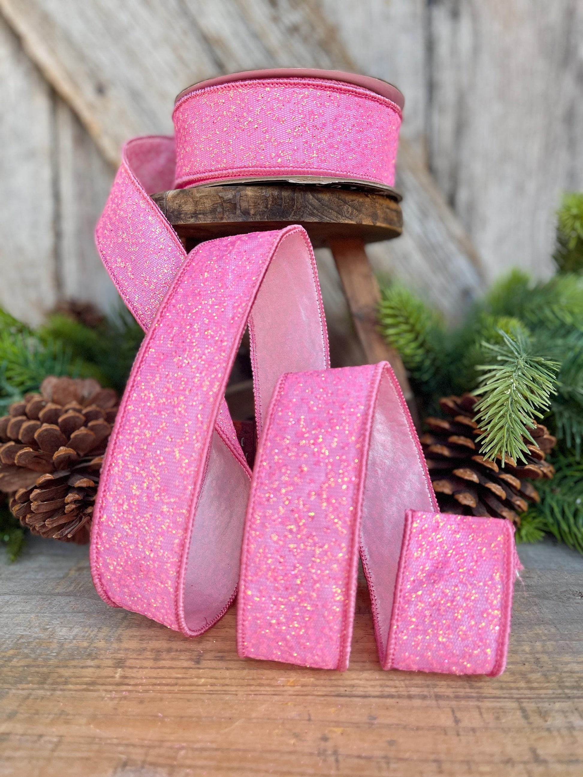 1.5" Pink Sparkle Ribbon, Christmas Ribbon, Pink Glitter RIbbon