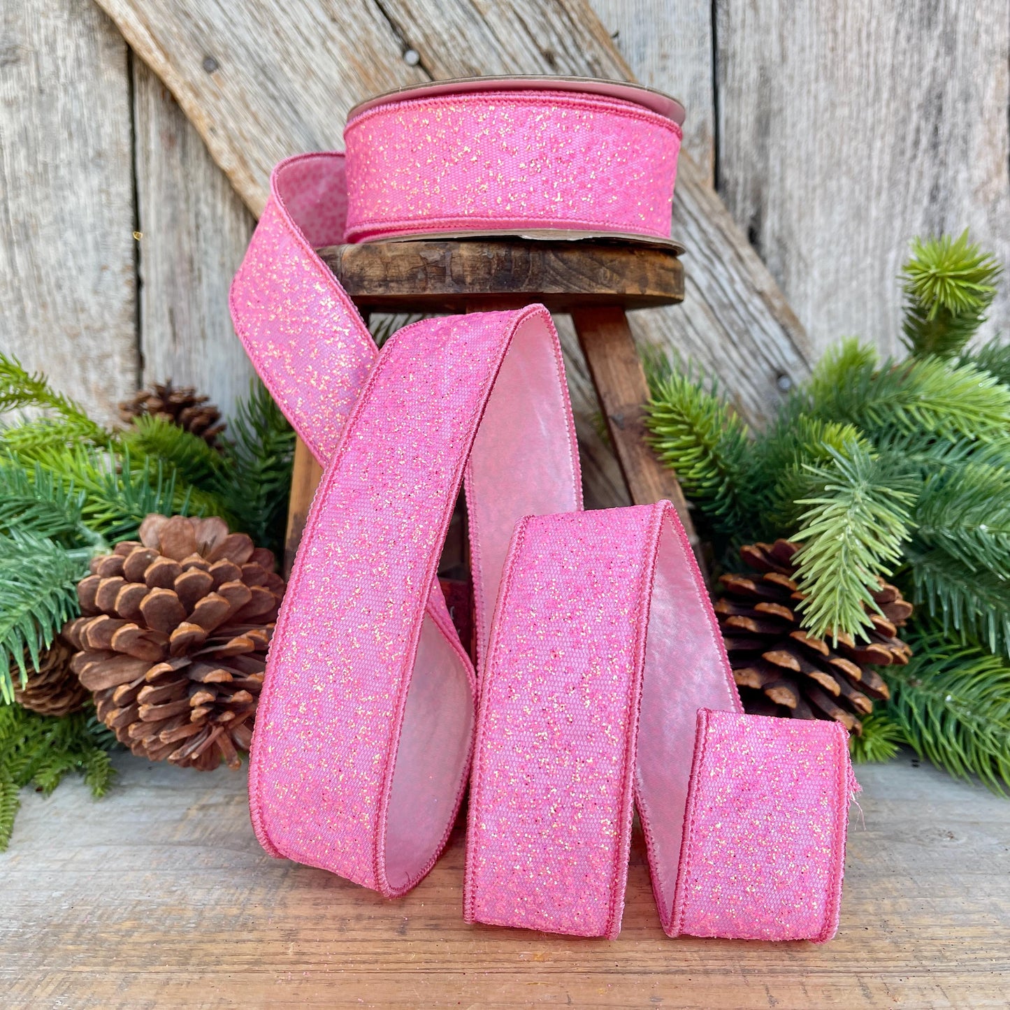 1.5" Pink Sparkle Ribbon, Christmas Ribbon, Pink Glitter RIbbon