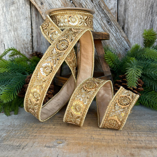 1.5" Gold Sequin Ribbon, Christmas Ribbon, Gold Ribbon for Tree