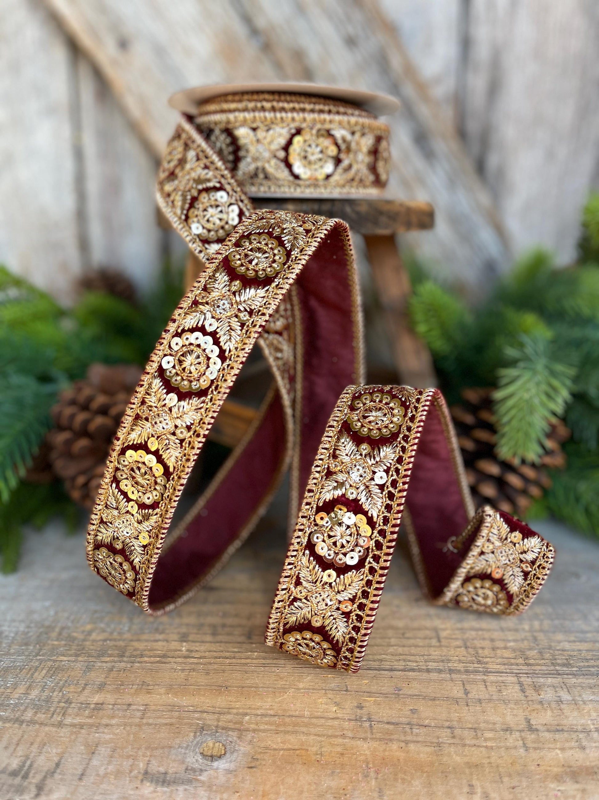 1.5" Burgundy Gold Sequin Ribbon, Christmas Ribbon, Burgundy Ribbon for Tree