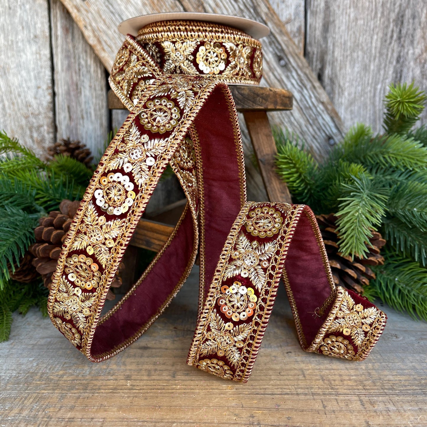 1.5" Burgundy Gold Sequin Ribbon, Christmas Ribbon, Burgundy Ribbon for Tree