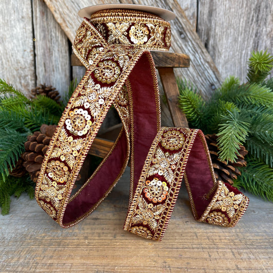 1.5" Burgundy Gold Sequin Ribbon, Christmas Ribbon, Burgundy Ribbon for Tree