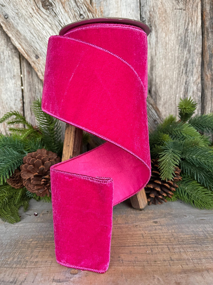 4" Hot Pink Velvet Ribbon, Christmas Ribbon, Hot Pink Ribbon for Christmas Tree