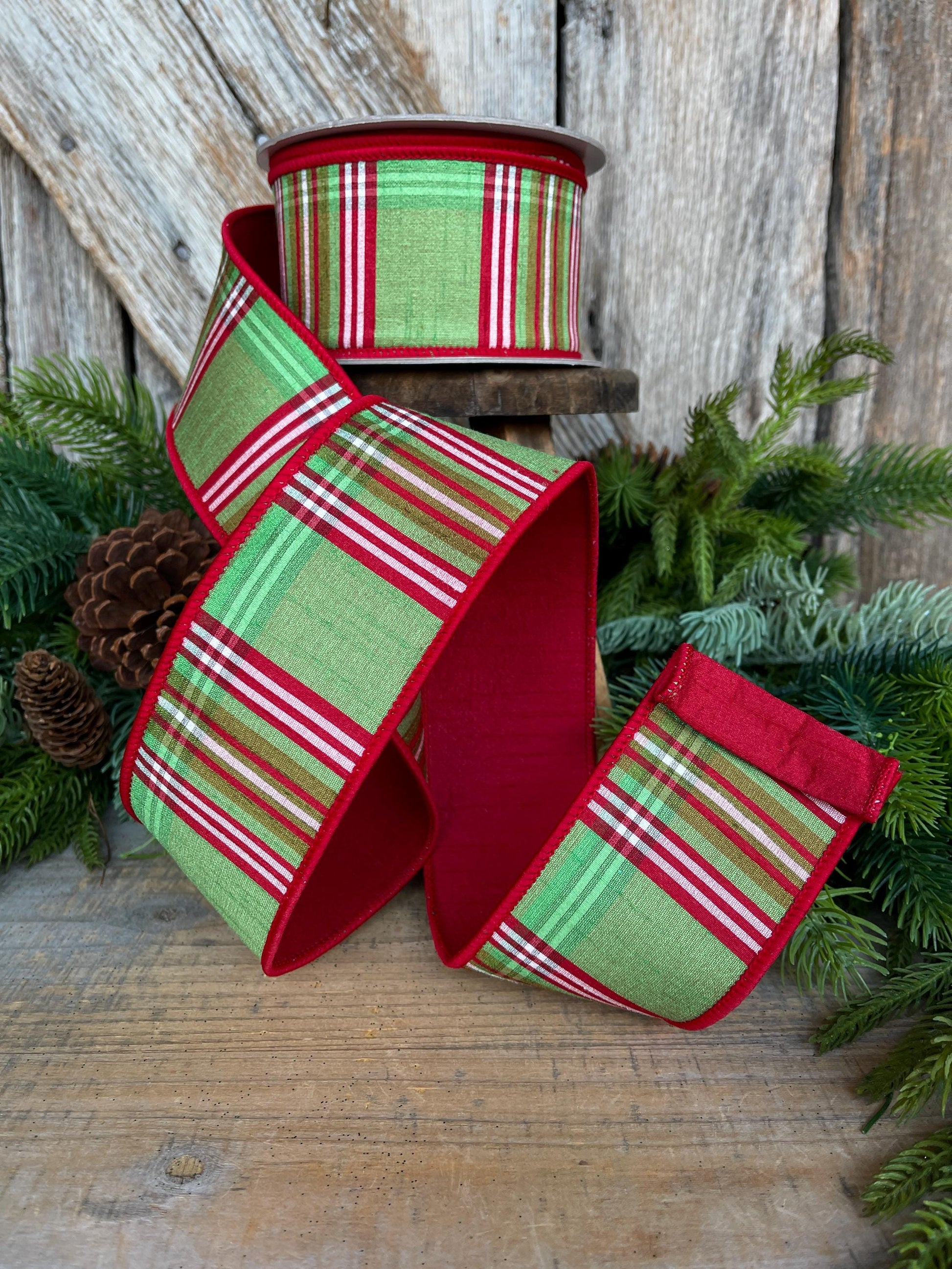 2.5" Red Green Plaid Ribbon, Christmas Tree Ribbon