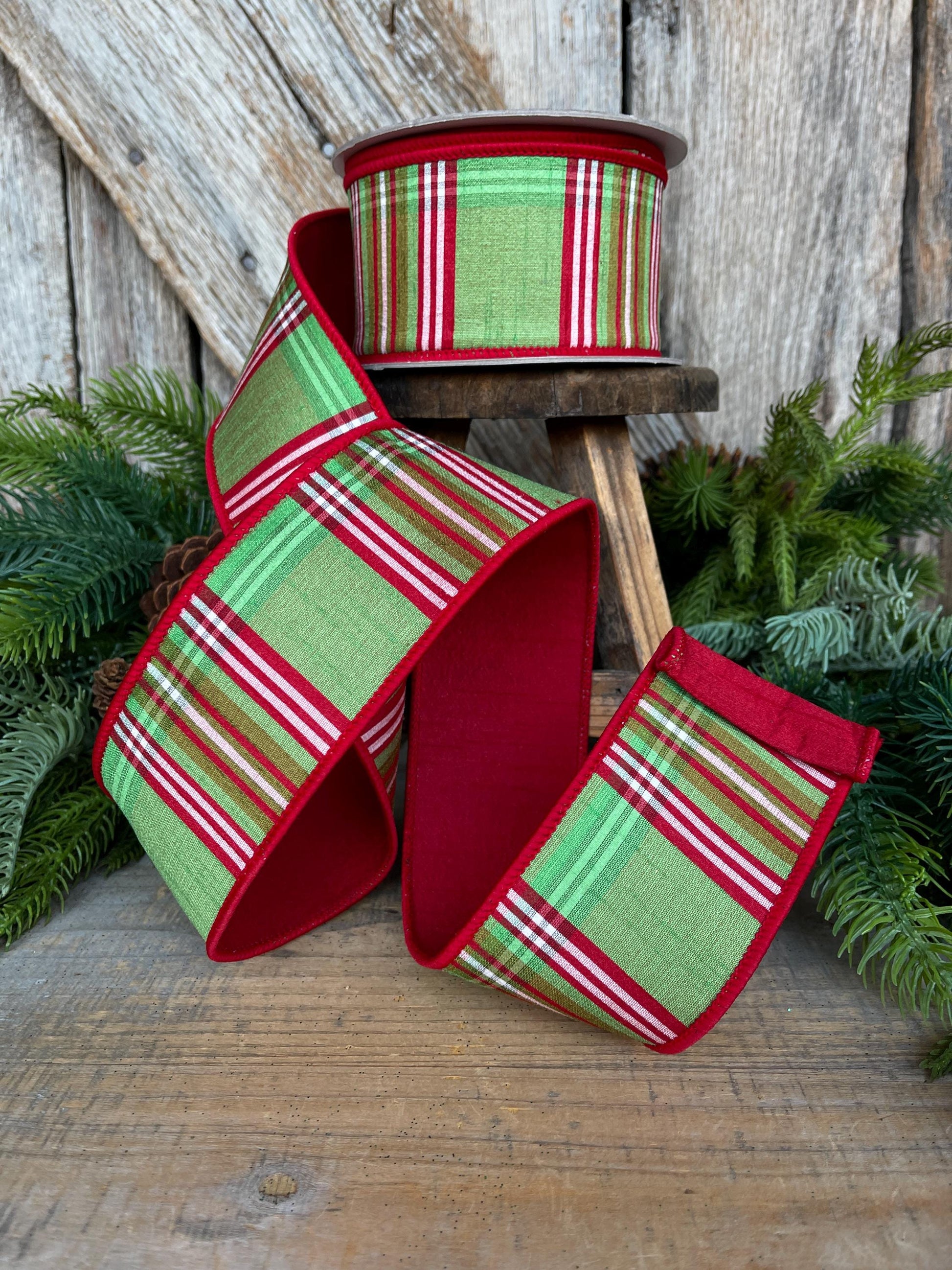 2.5" Red Green Plaid Ribbon, Christmas Tree Ribbon