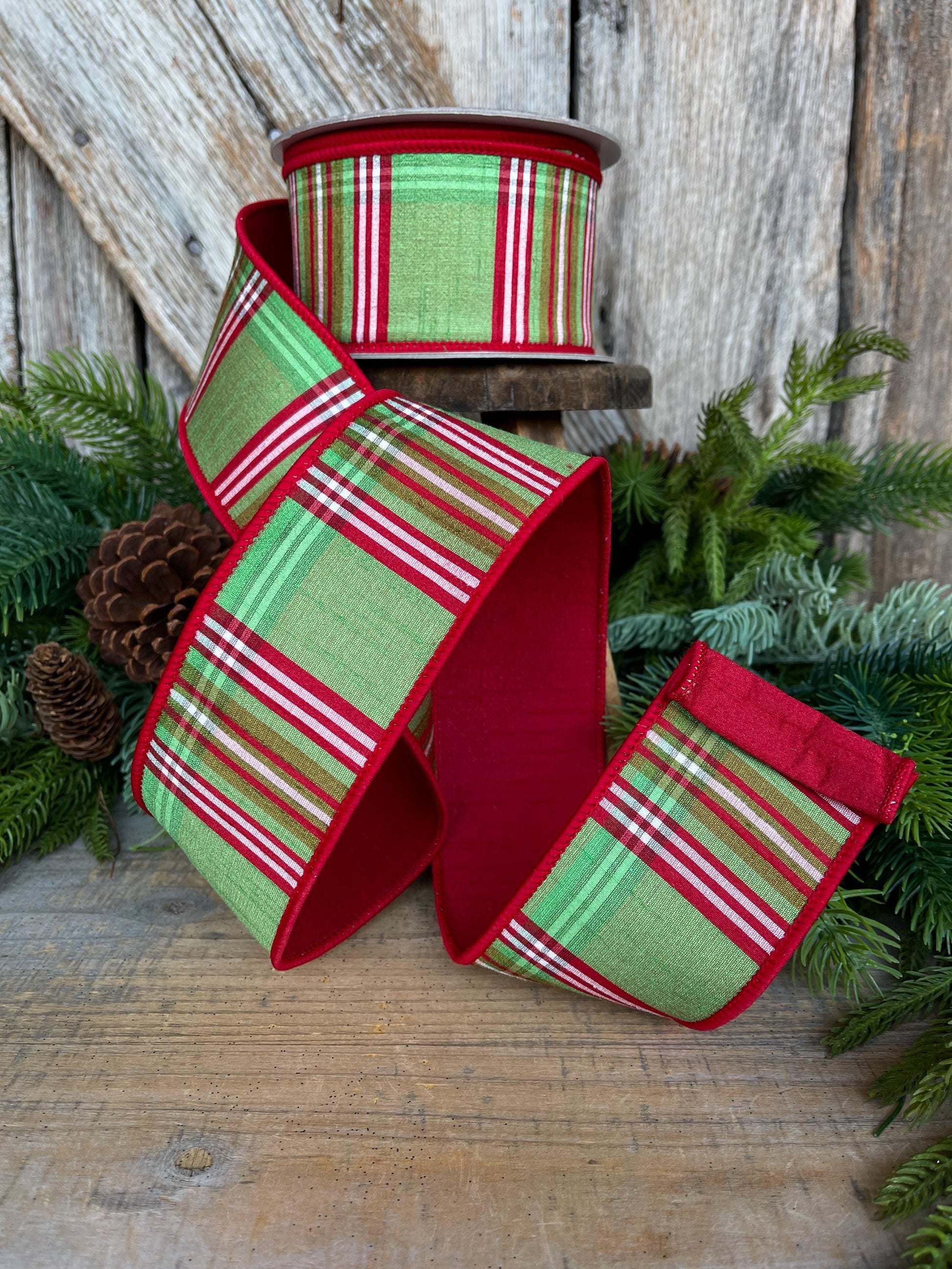 2.5" Red Green Plaid Ribbon, Christmas Tree Ribbon