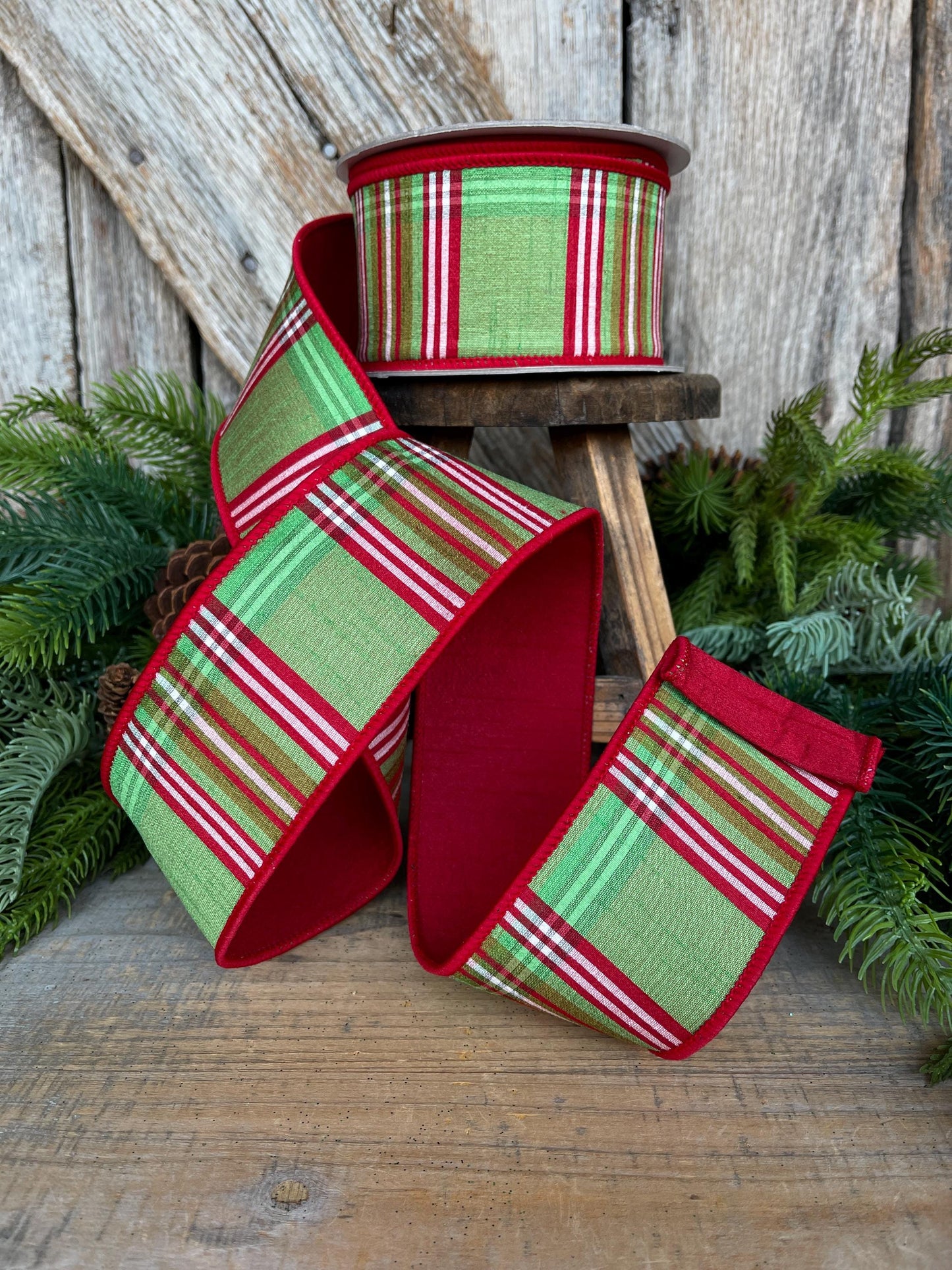 2.5" Red Green Plaid Ribbon, Christmas Tree Ribbon