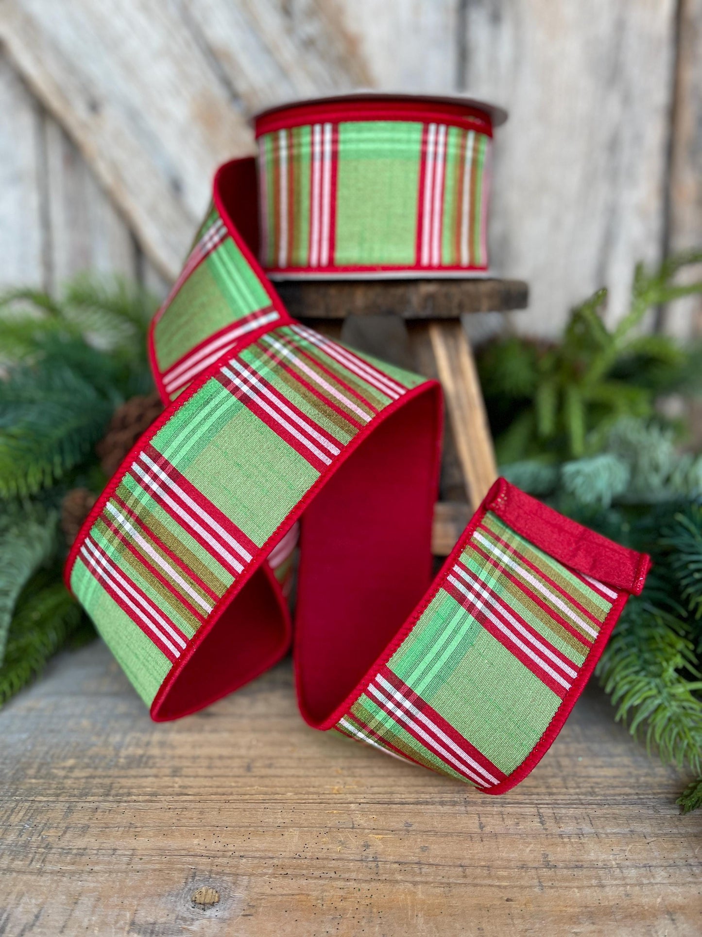 2.5" Red Green Plaid Ribbon, Christmas Tree Ribbon