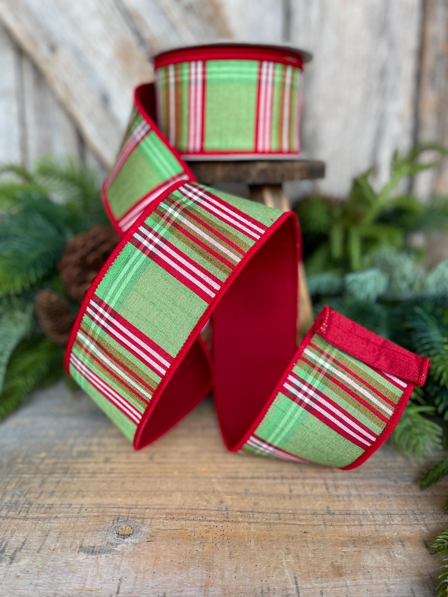 2.5" Red Green Plaid Ribbon, Christmas Tree Ribbon