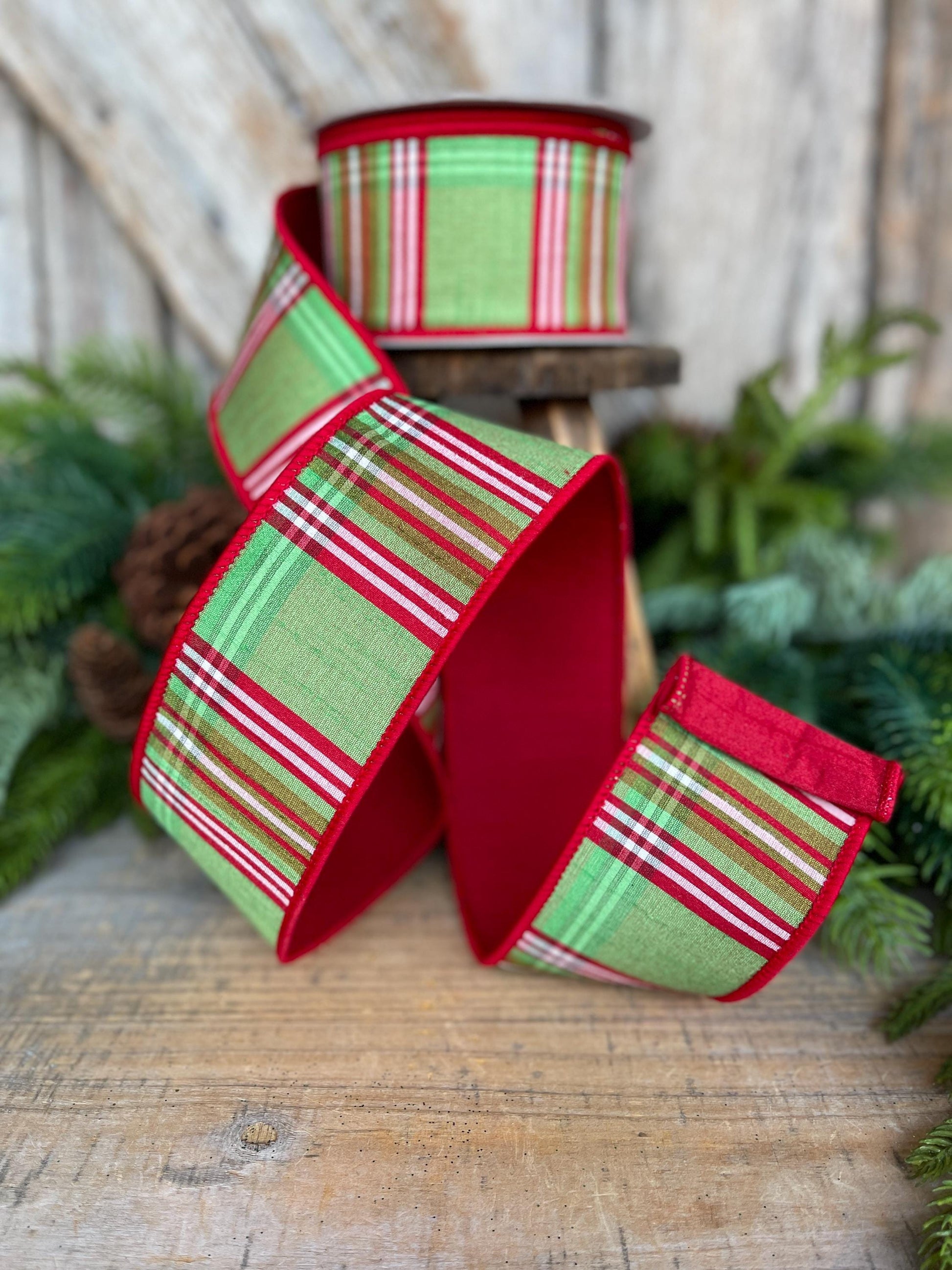 2.5" Red Green Plaid Ribbon, Christmas Tree Ribbon