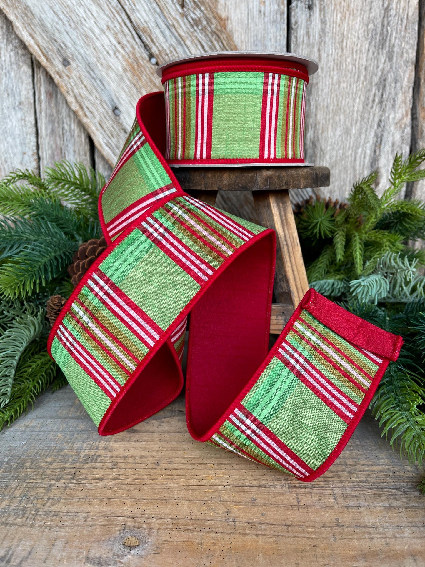 2.5" Red Green Plaid Ribbon, Christmas Tree Ribbon