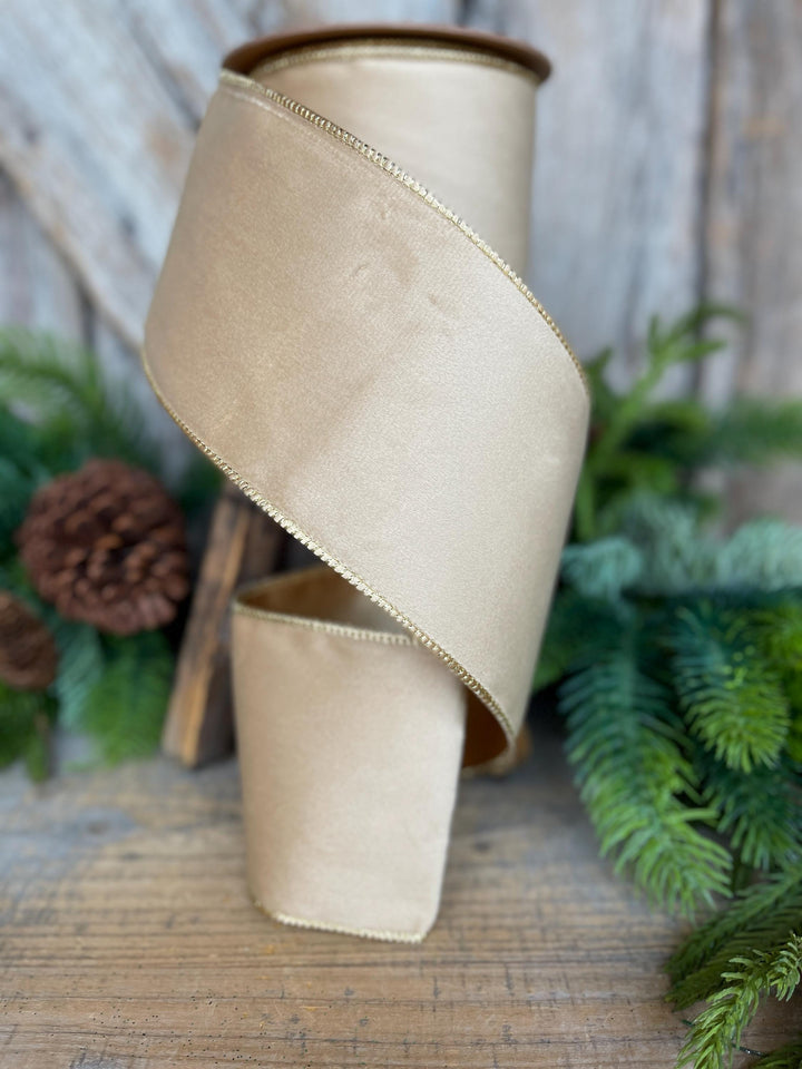 4" Light Gold Velvet RIbbon, Wired Ribbon, Champagne Gold Velvet Ribbon