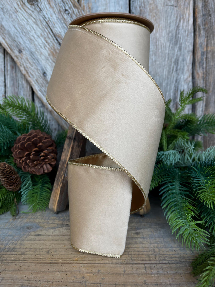 4" Light Gold Velvet RIbbon, Wired Ribbon, Champagne Gold Velvet Ribbon
