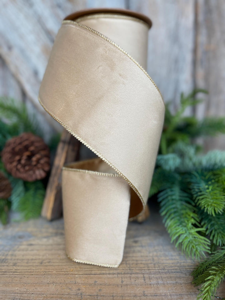 4" Light Gold Velvet RIbbon, Wired Ribbon, Champagne Gold Velvet Ribbon