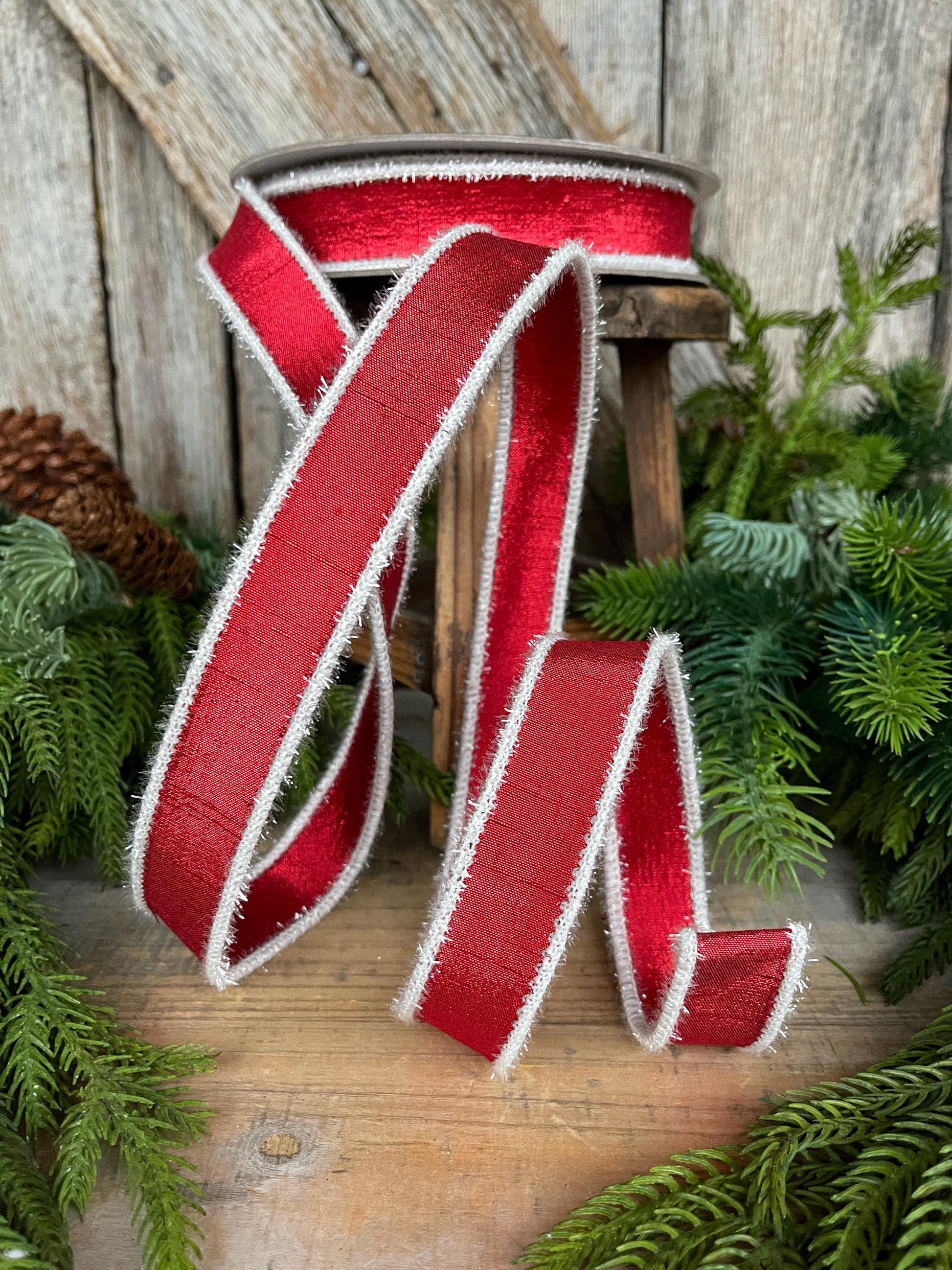 1" Red & White Tinsel Ribbon, Christmas Ribbon, Farrisilk ribbon