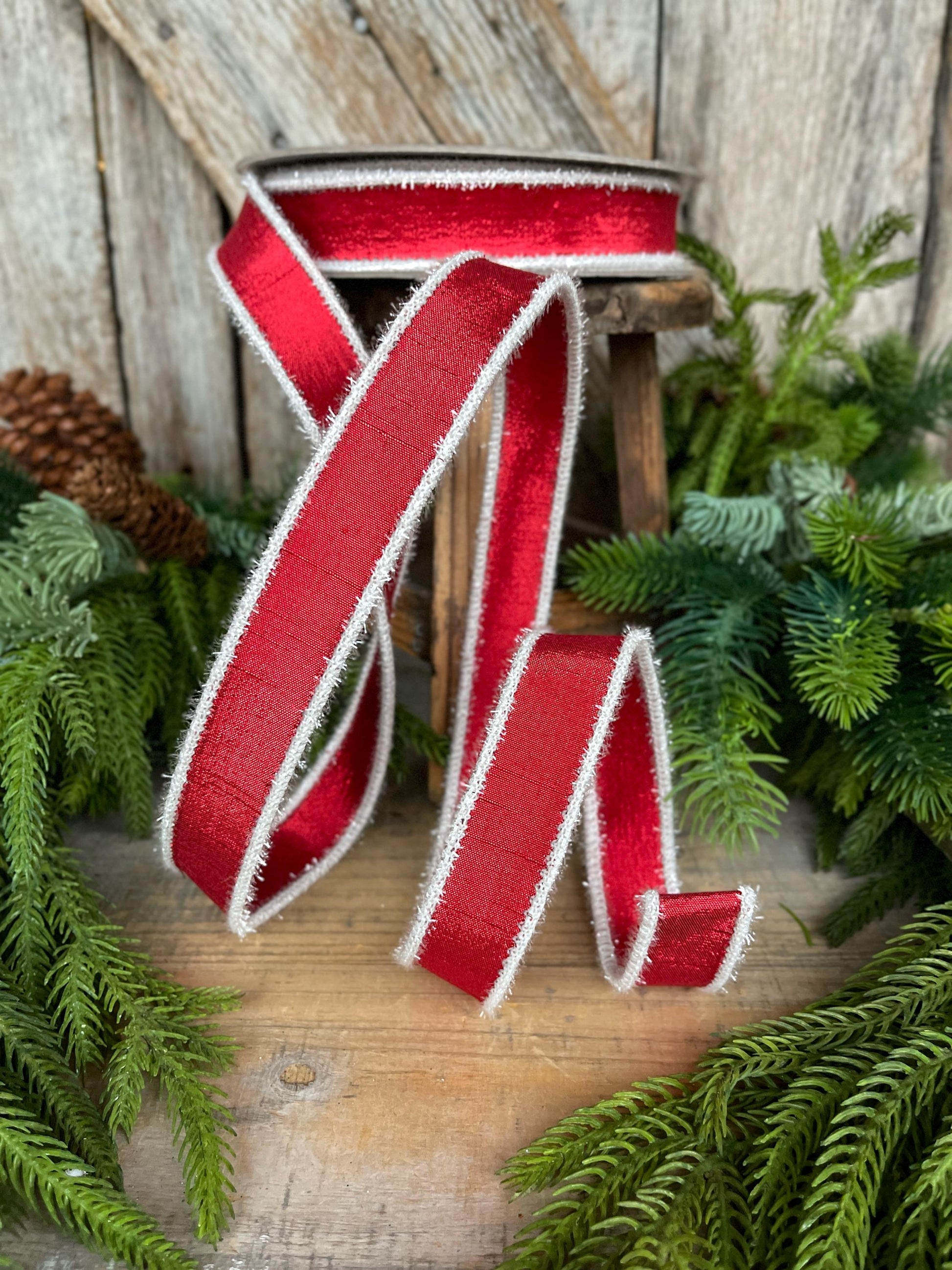1" Red & White Tinsel Ribbon, Christmas Ribbon, Farrisilk ribbon