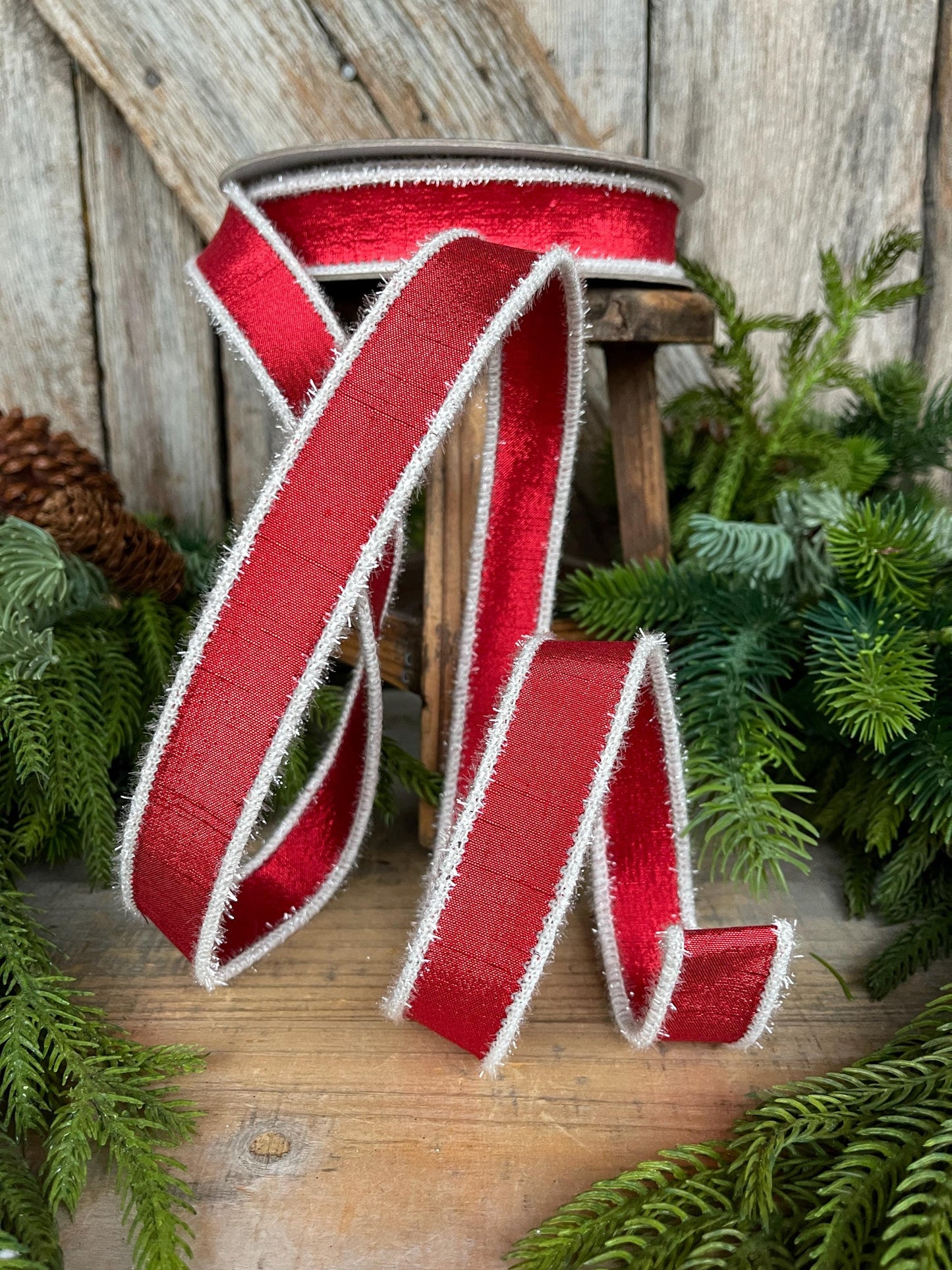 1" Red & White Tinsel Ribbon, Christmas Ribbon, Farrisilk ribbon