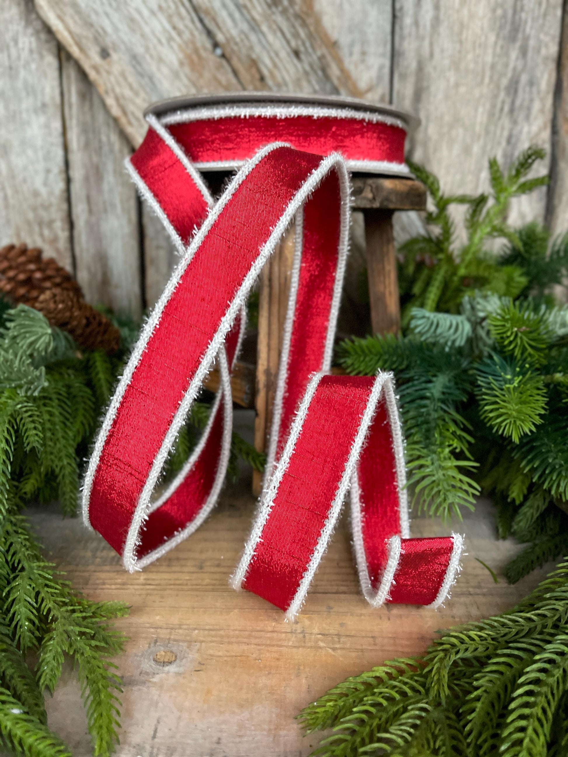 1" Red & White Tinsel Ribbon, Christmas Ribbon, Farrisilk ribbon