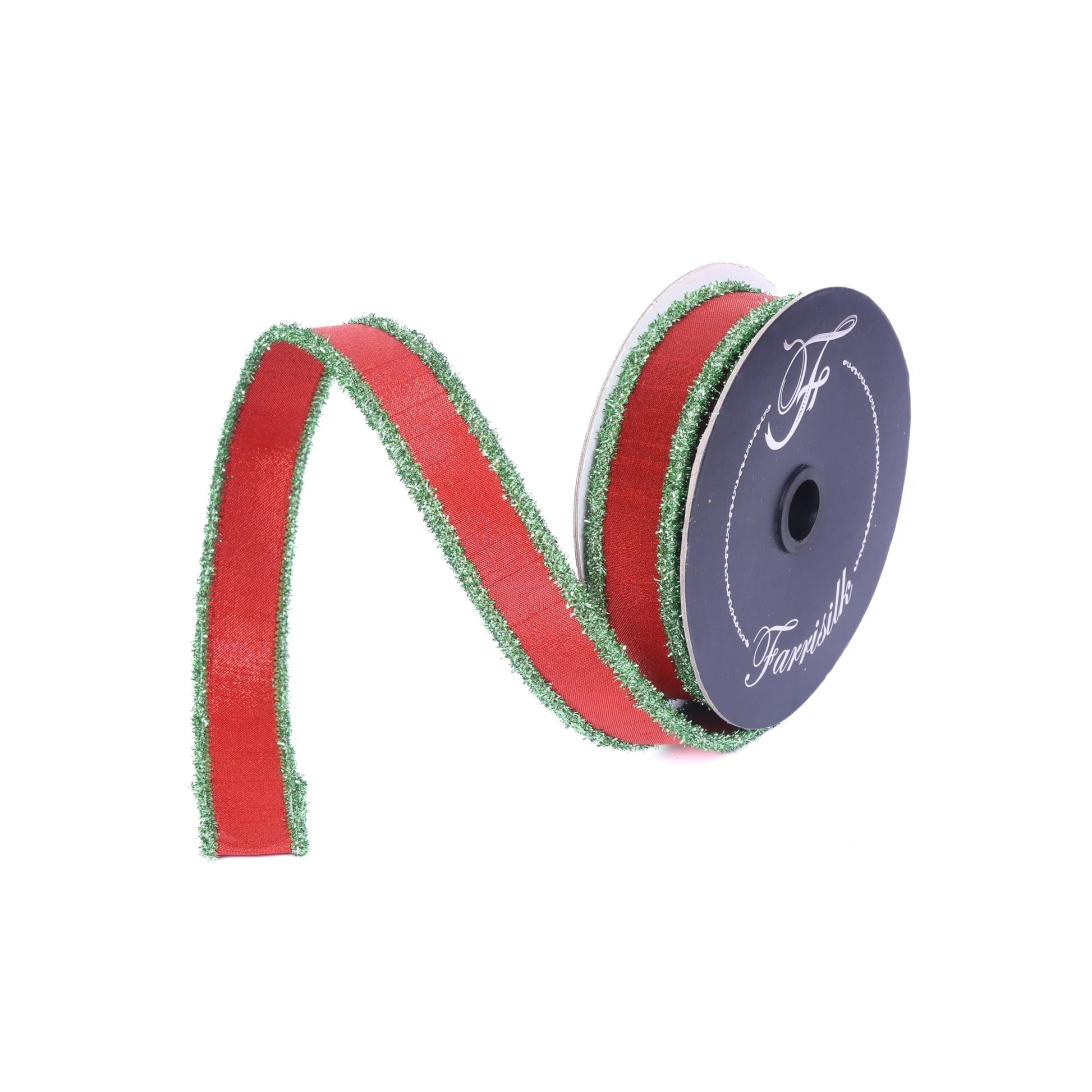 1" Red & Lime Green Tinsel Ribbon, Christmas Ribbon, Farrisilk ribbon