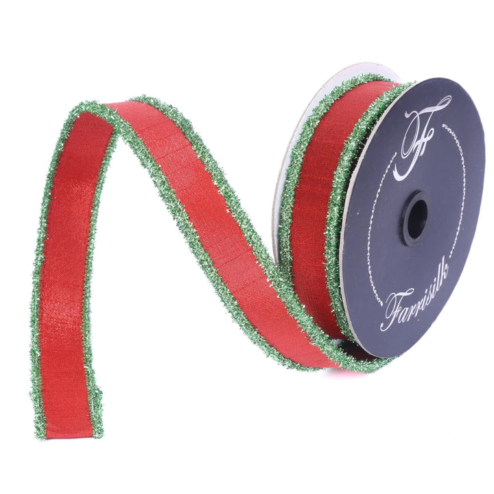1" Red &amp; Lime Green Tinsel Ribbon, Christmas Ribbon, Farrisilk ribbon