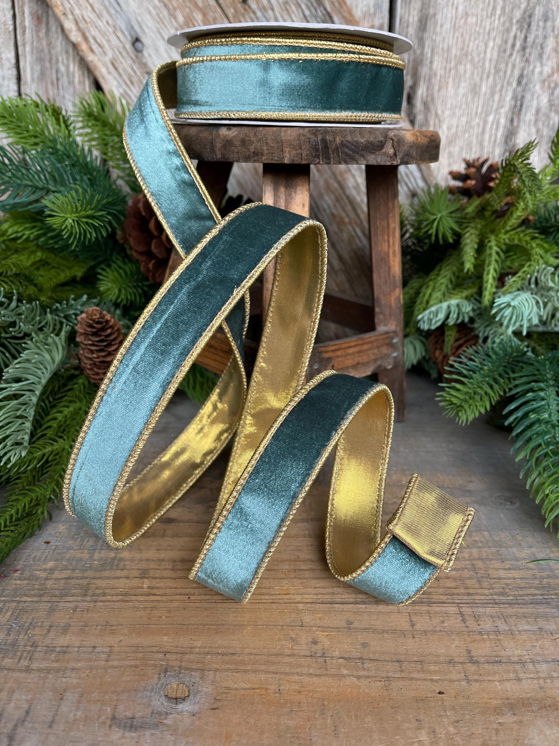 1" Aqua Teal Velvet Ribbon, Celadon Ribbon, Christmas Ribbon