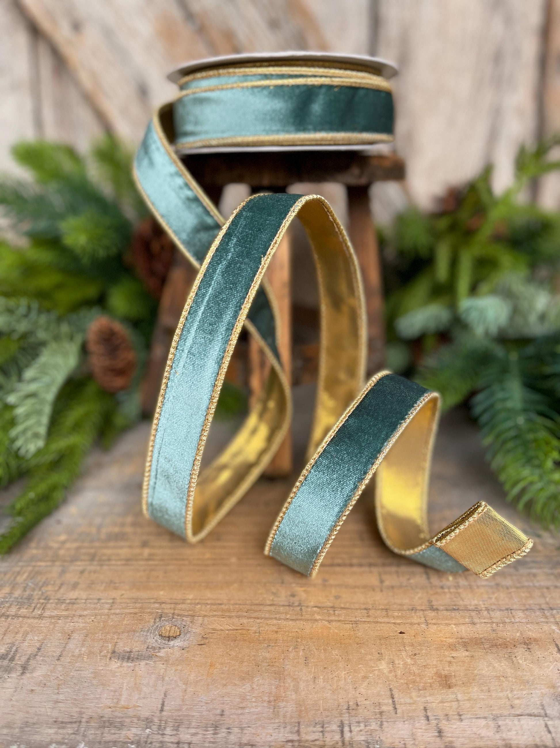 1" Aqua Teal Velvet Ribbon, Celadon Ribbon, Christmas Ribbon