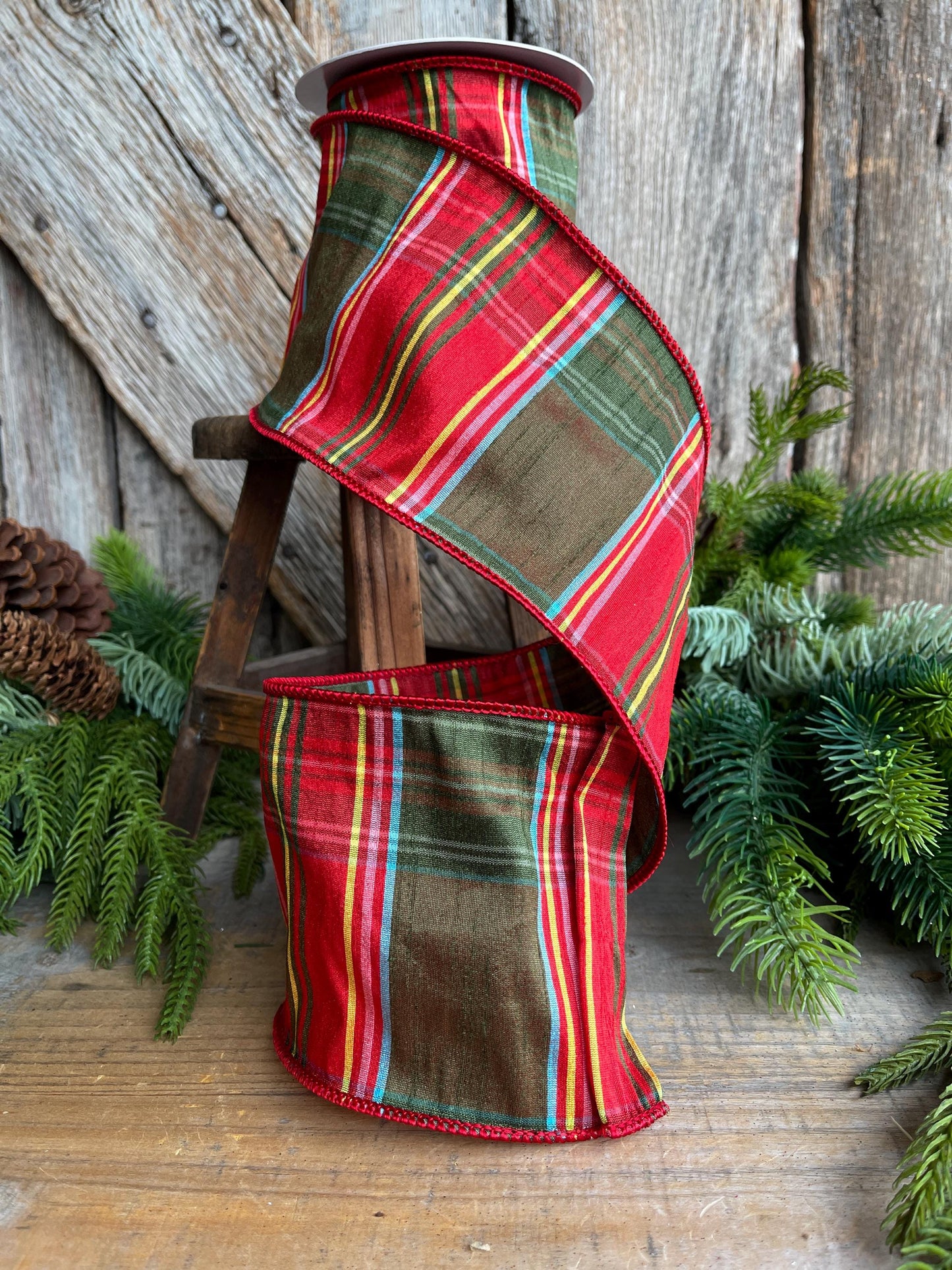4" Traditional CHristmas Plaid, Wired Ribbon, Red Green Chirstmas Plaid RIbbon, RIbbon for Treee, Christmas Plaid