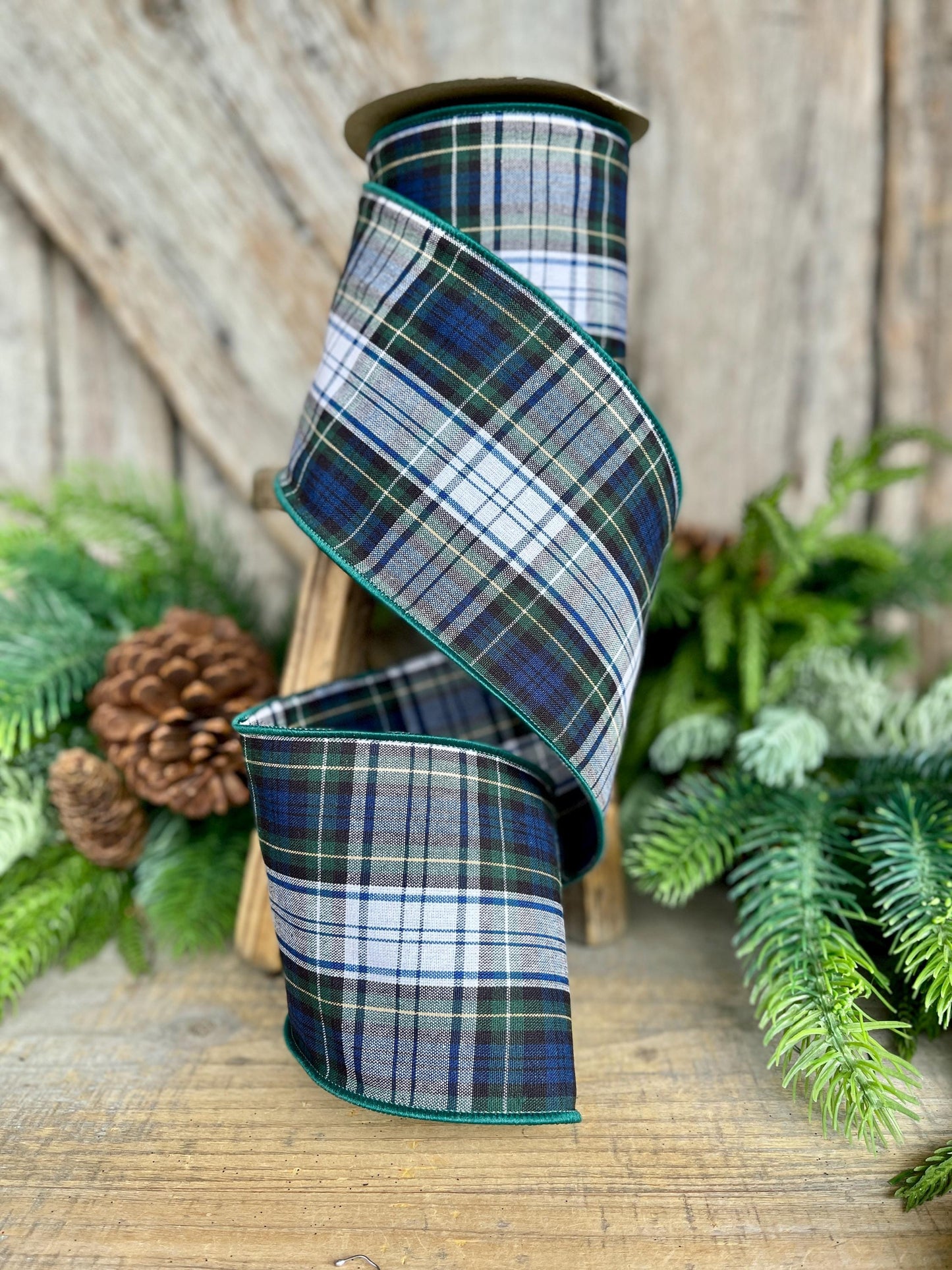 4" Blue Christmas Plaid Ribbon,Blue Green Plaid Ribbon, Traditional Christmas Plaid Ribbon