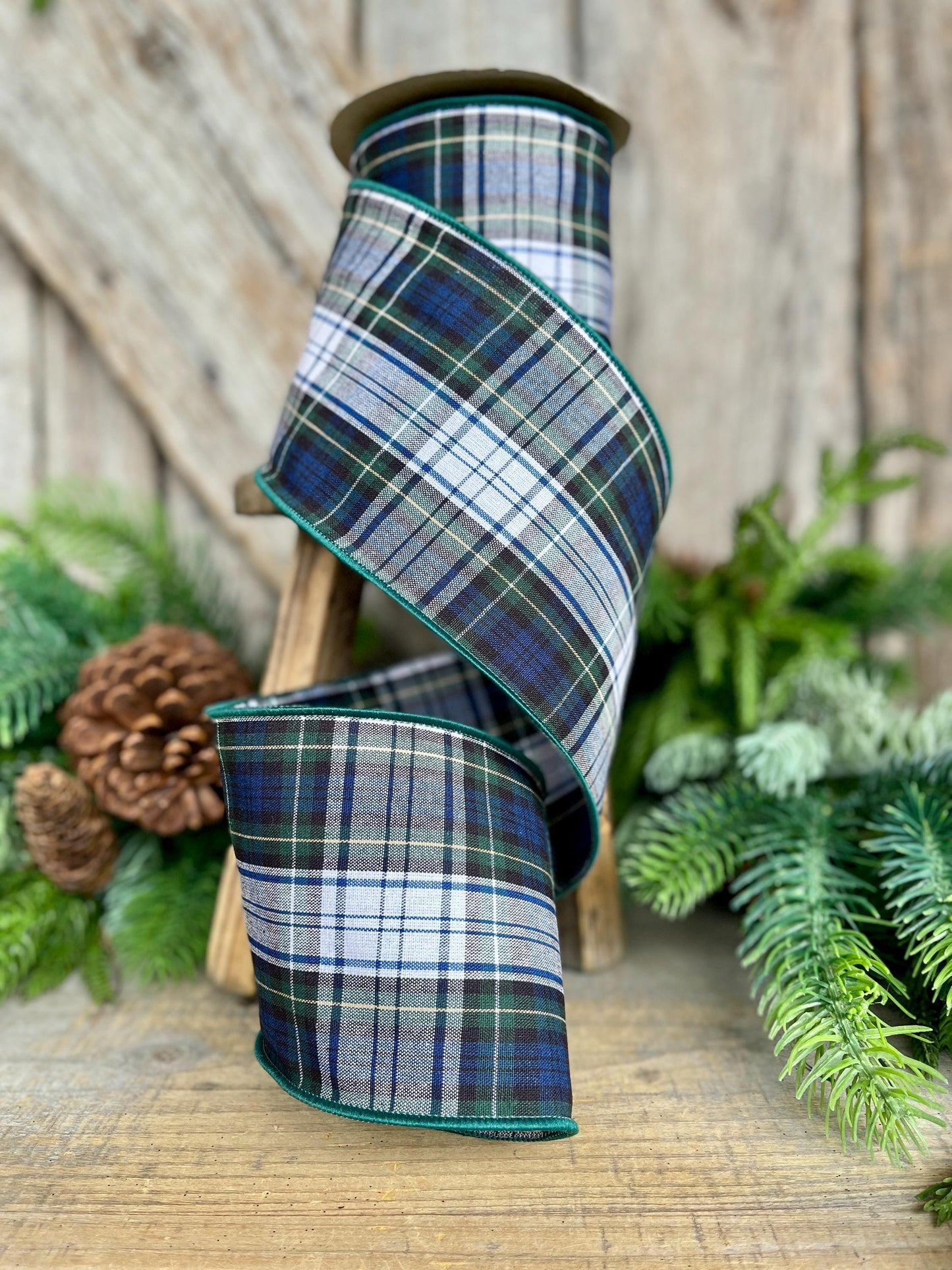 4" Blue Christmas Plaid Ribbon,Blue Green Plaid Ribbon, Traditional Christmas Plaid Ribbon