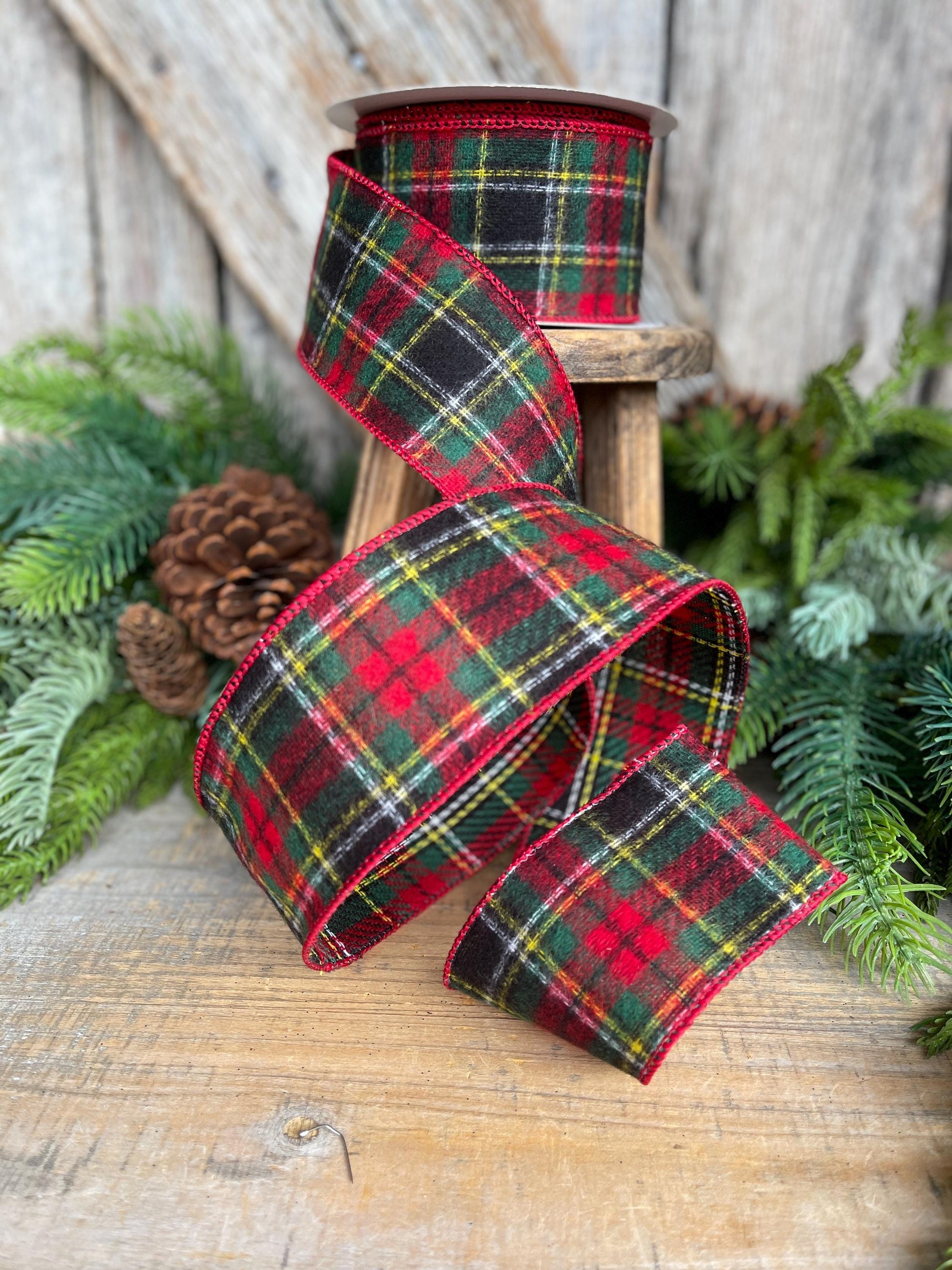 2.5" Traditional CHristmas Plaid, Wired Ribbon, Red Green Chirstmas Plaid RIbbon, RIbbon for Treee, Christmas Plaid