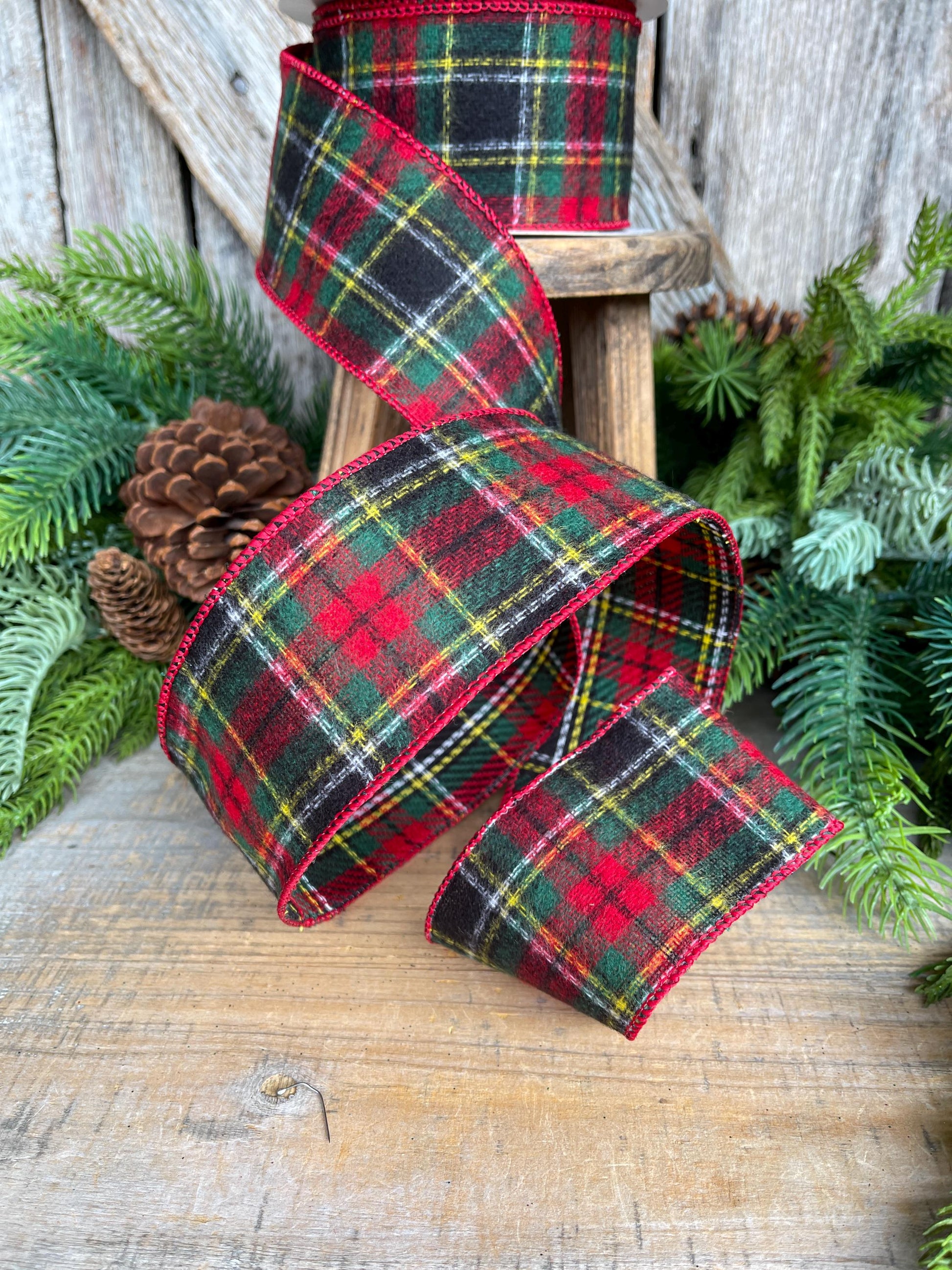 2.5" Traditional CHristmas Plaid, Wired Ribbon, Red Green Chirstmas Plaid RIbbon, RIbbon for Treee, Christmas Plaid