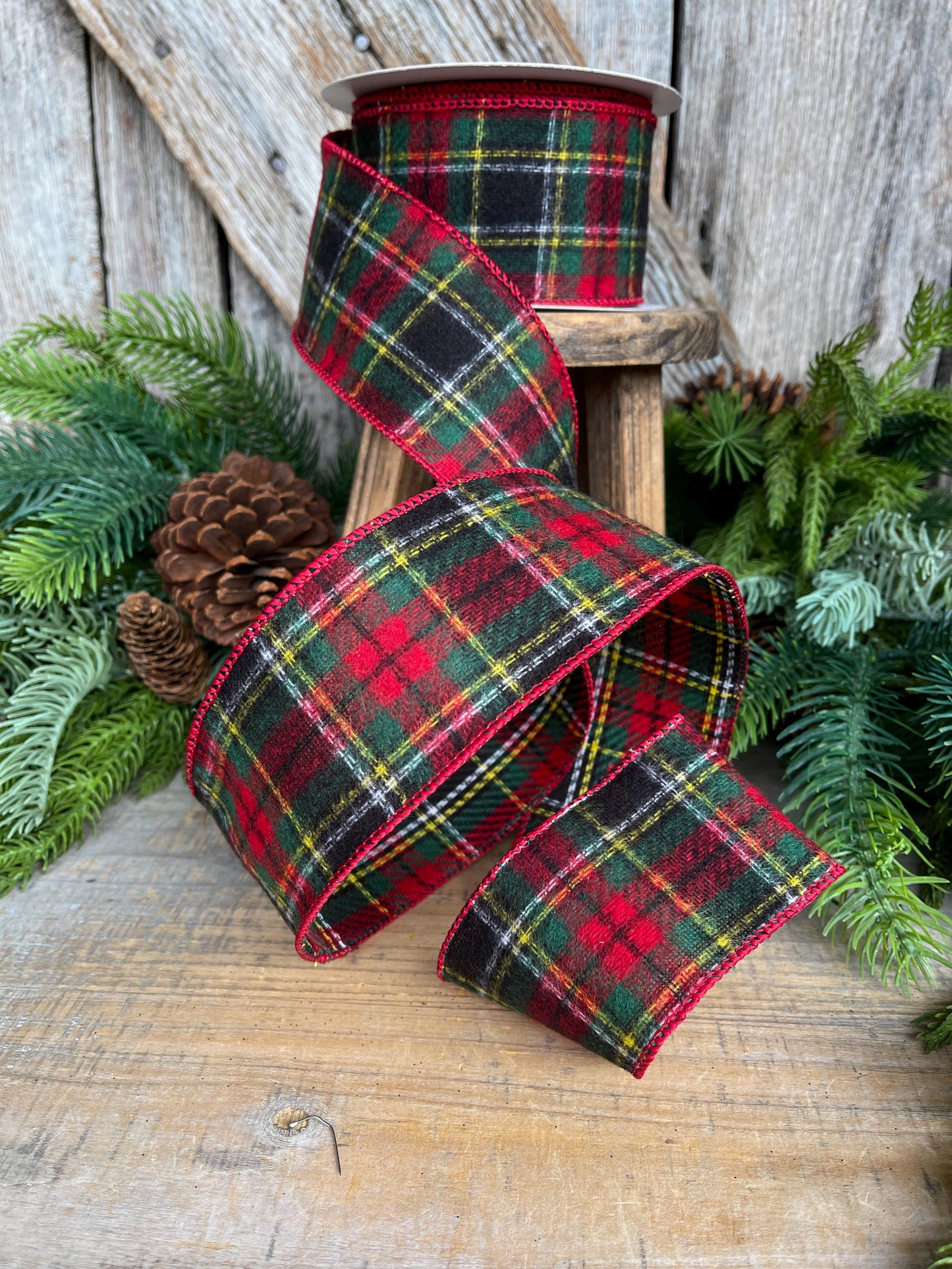 2.5" Traditional CHristmas Plaid, Wired Ribbon, Red Green Chirstmas Plaid RIbbon, RIbbon for Treee, Christmas Plaid