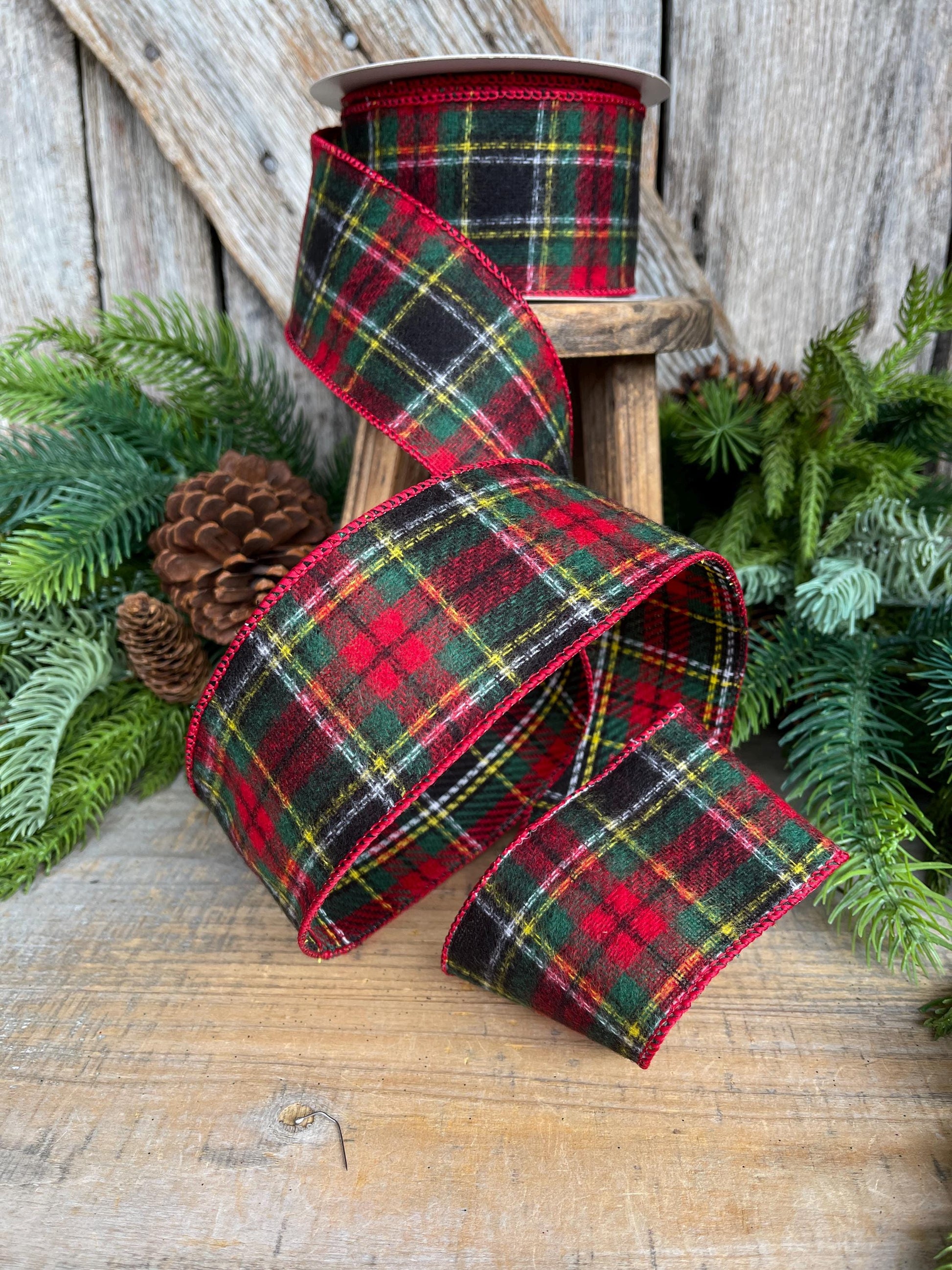 2.5" Traditional CHristmas Plaid, Wired Ribbon, Red Green Chirstmas Plaid RIbbon, RIbbon for Treee, Christmas Plaid