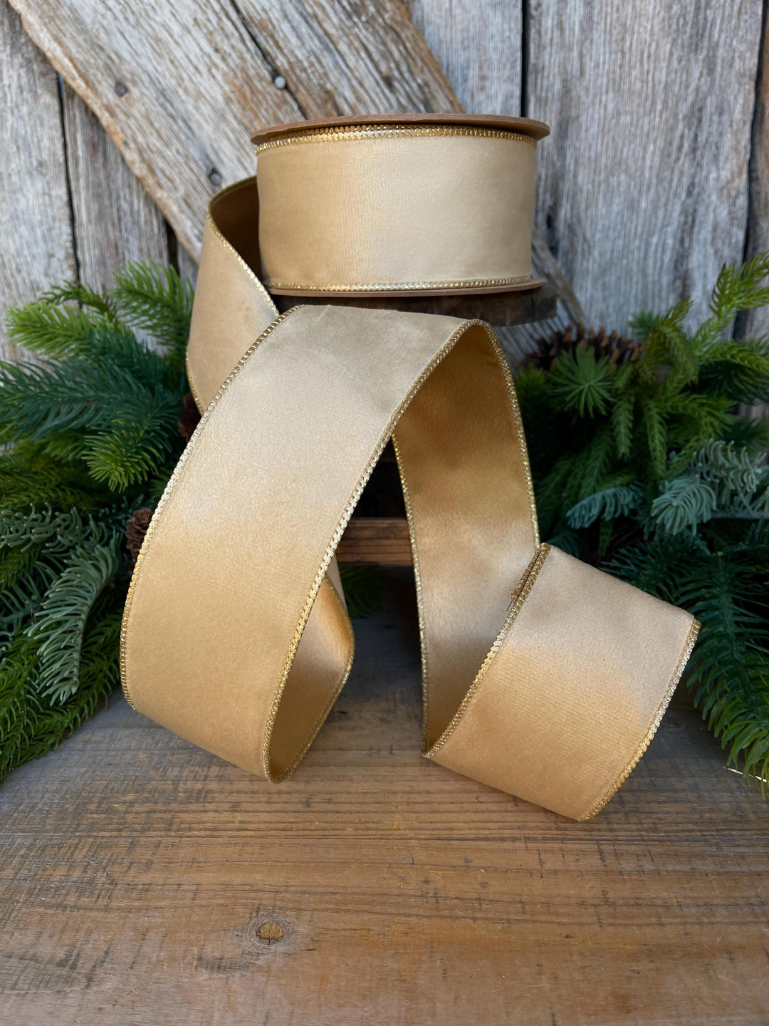 2.5" Gold Velvet RIbbon, Wired Ribbon, Champagne Gold Velvet Ribbon
