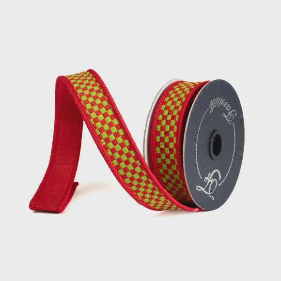 1" Red Lime Green Ribbon, Farrisilk Ribbon, Kitschy Checks Ribbon