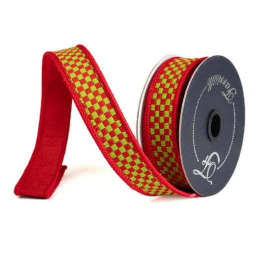 1" Red Lime Green Ribbon, Farrisilk Ribbon, Kitschy Checks Ribbon