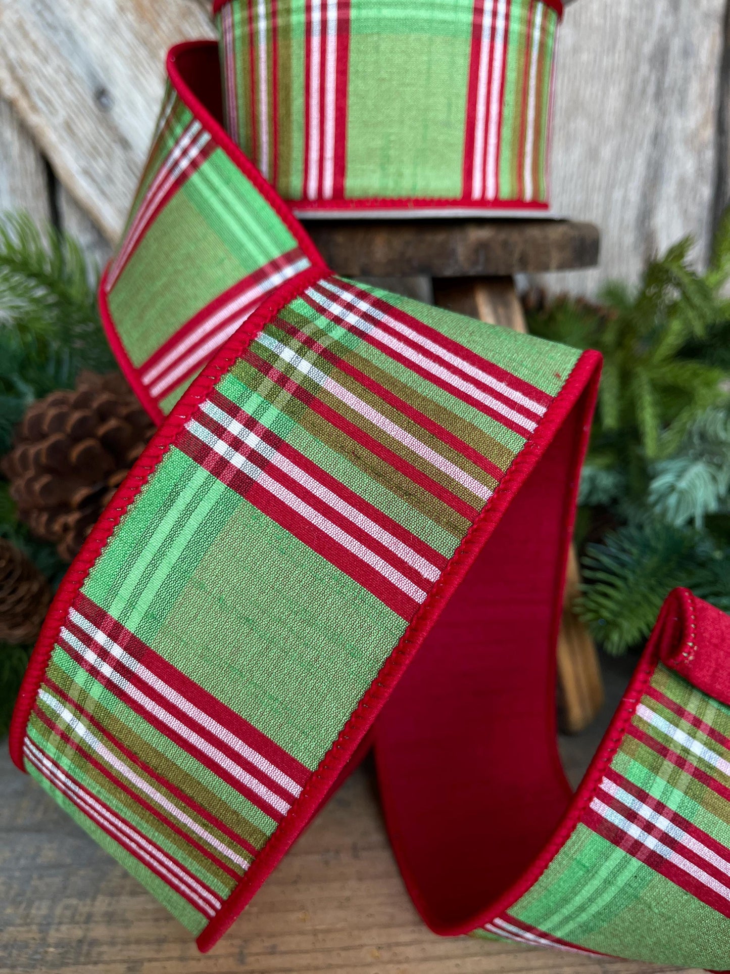 2.5" Red Green Plaid Ribbon, Christmas Tree Ribbon