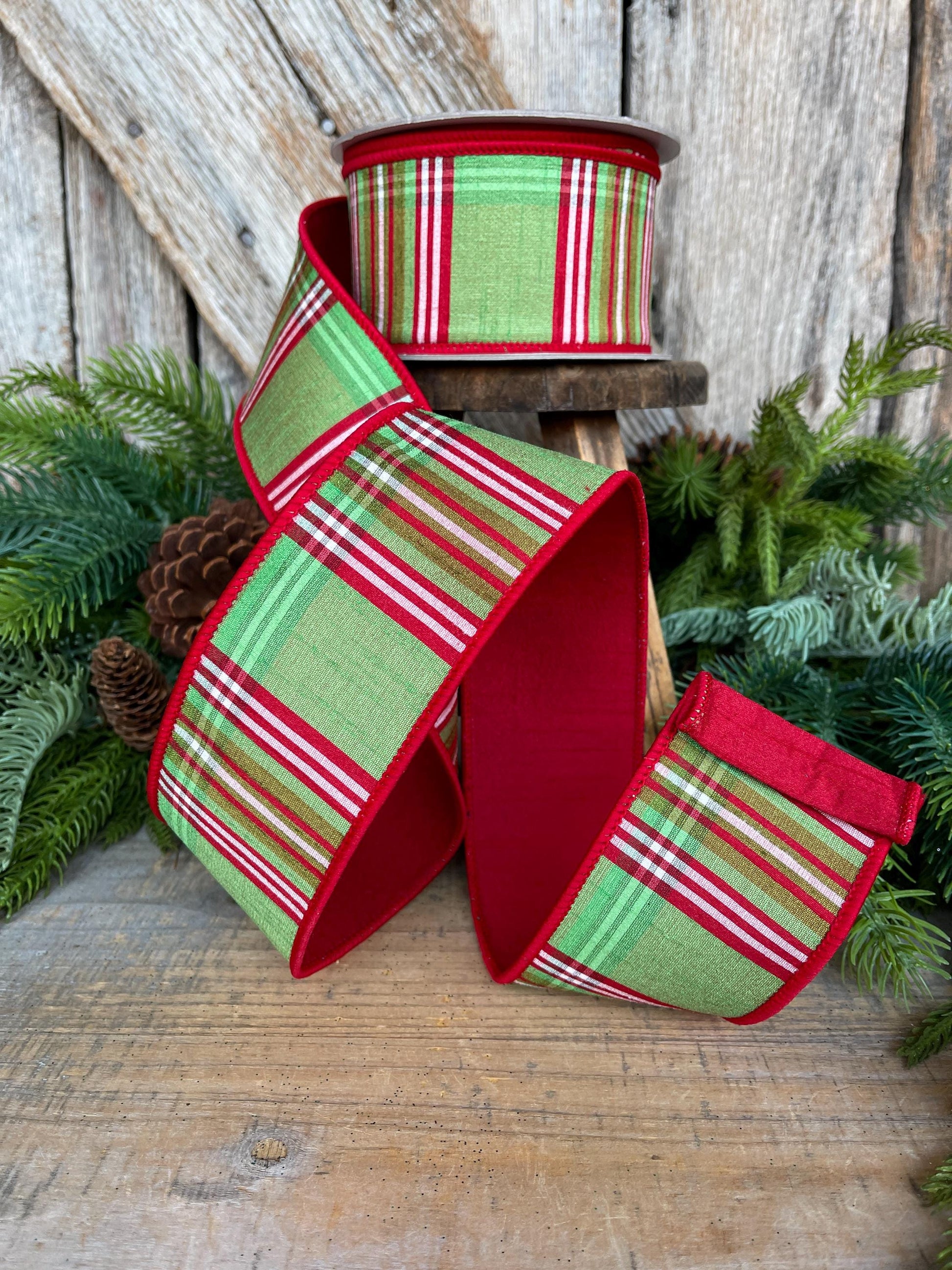 2.5" Red Green Plaid Ribbon, Christmas Tree Ribbon