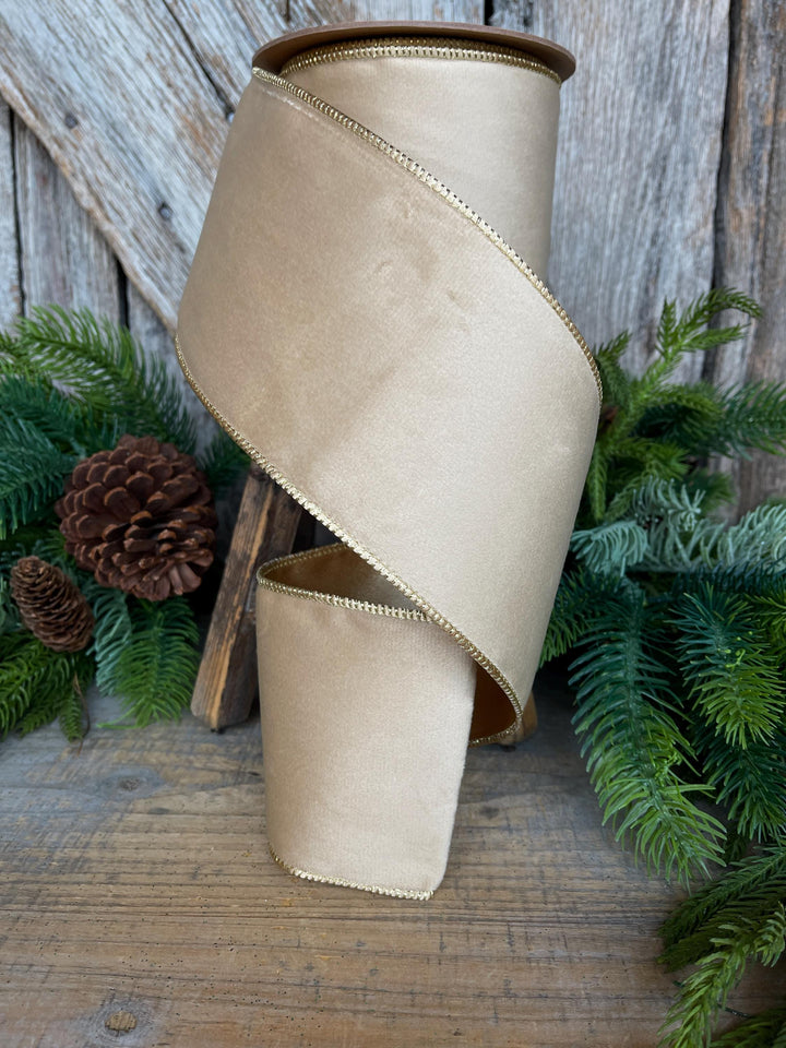 4" Light Gold Velvet RIbbon, Wired Ribbon, Champagne Gold Velvet Ribbon