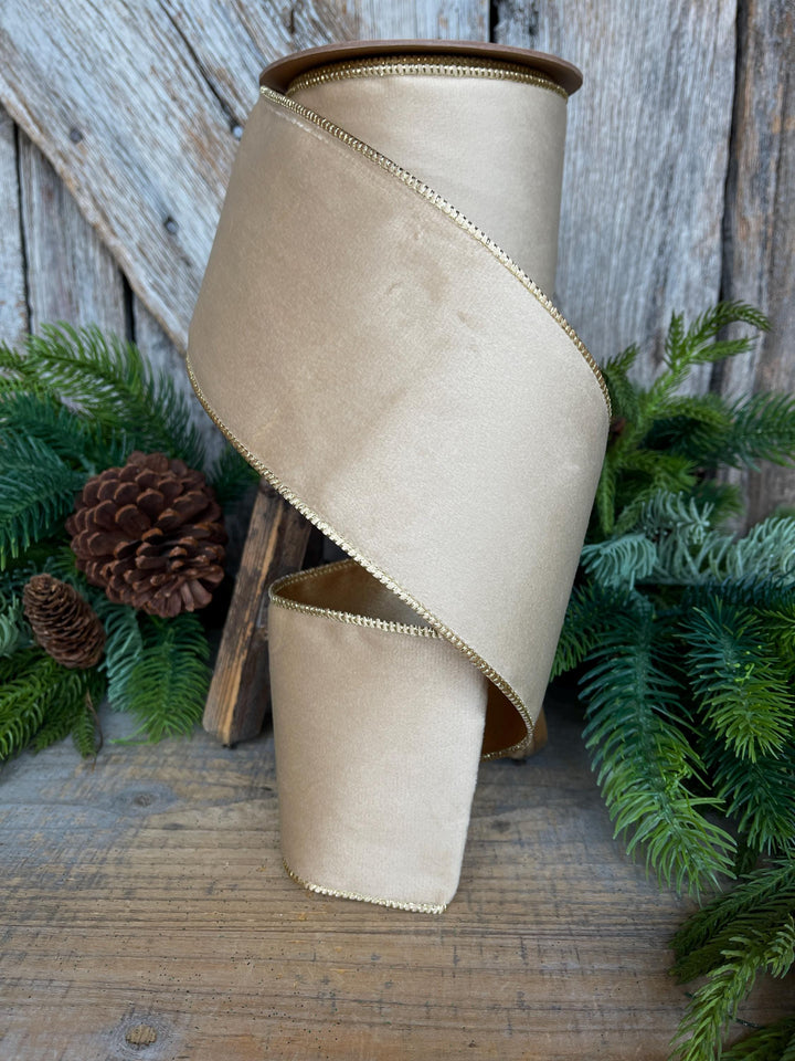 4" Light Gold Velvet RIbbon, Wired Ribbon, Champagne Gold Velvet Ribbon