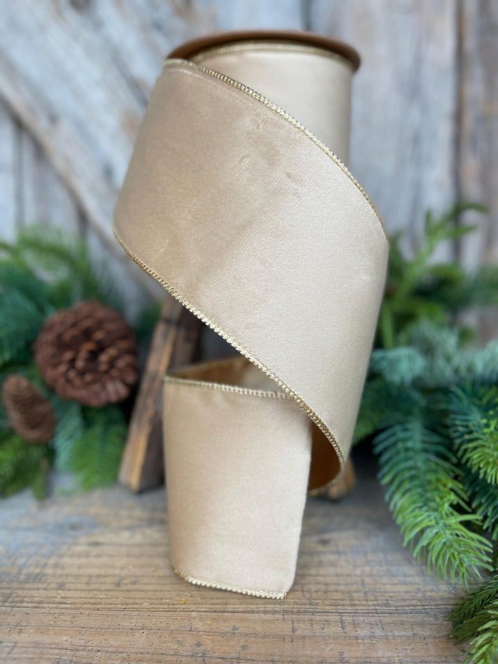 4" Light Gold Velvet RIbbon, Wired Ribbon, Champagne Gold Velvet Ribbon