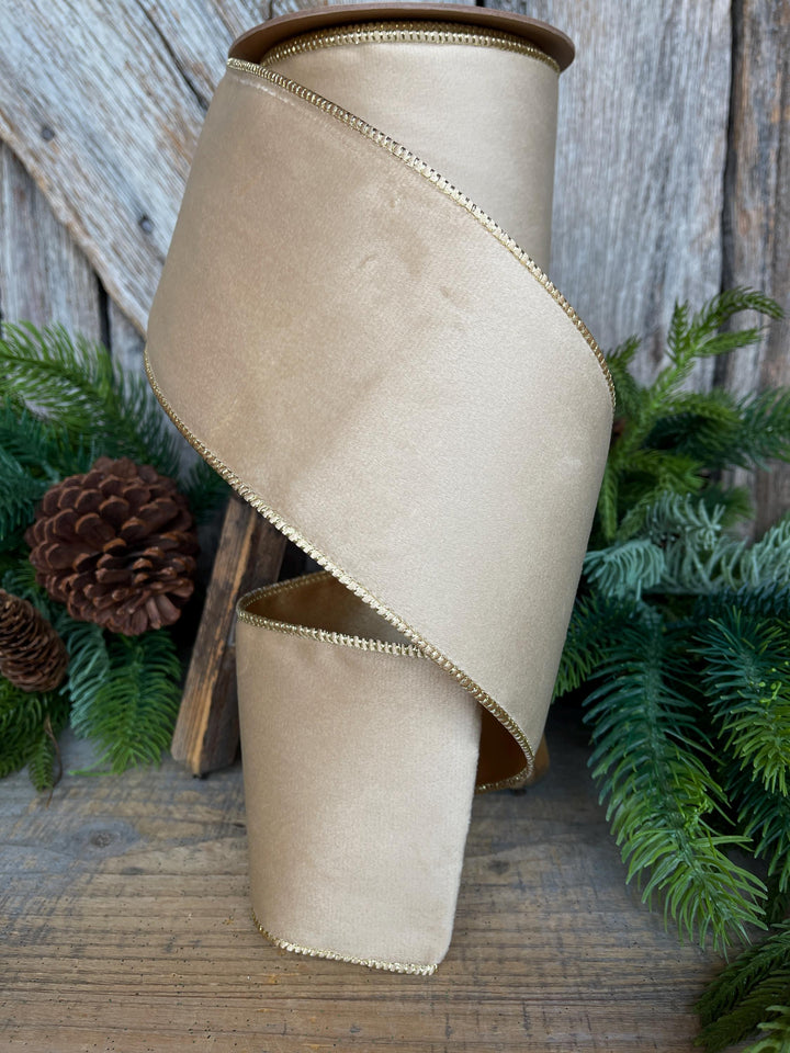 4" Light Gold Velvet RIbbon, Wired Ribbon, Champagne Gold Velvet Ribbon
