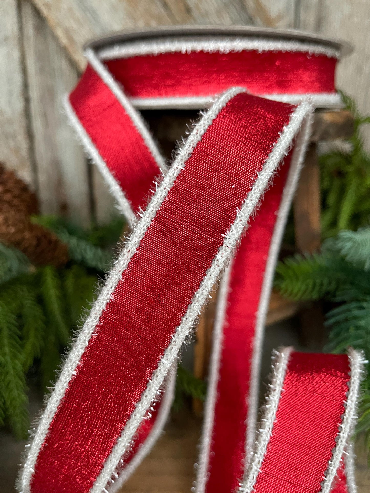 1" Red & White Tinsel Ribbon, Christmas Ribbon, Farrisilk ribbon