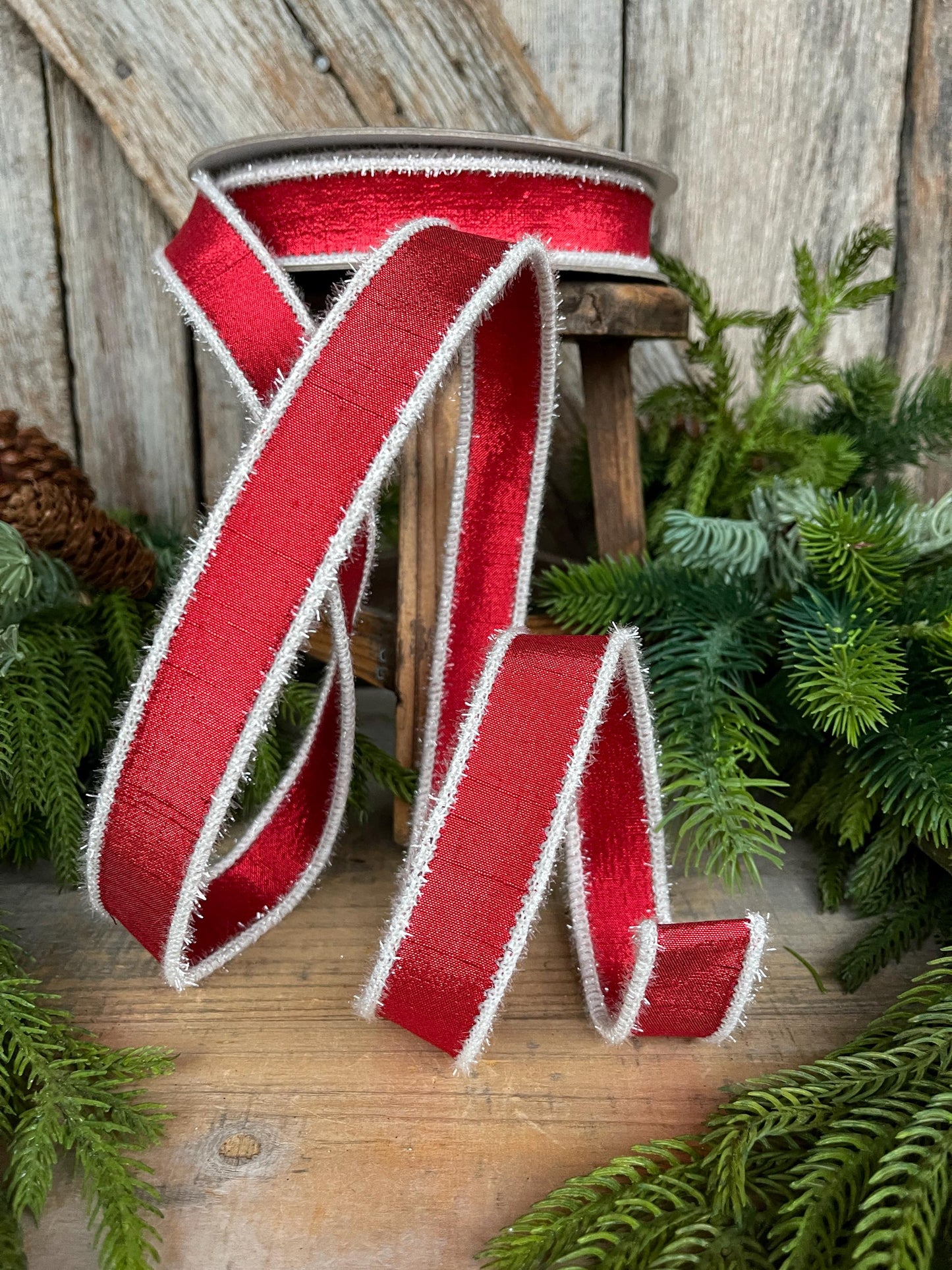 1" Red & White Tinsel Ribbon, Christmas Ribbon, Farrisilk ribbon