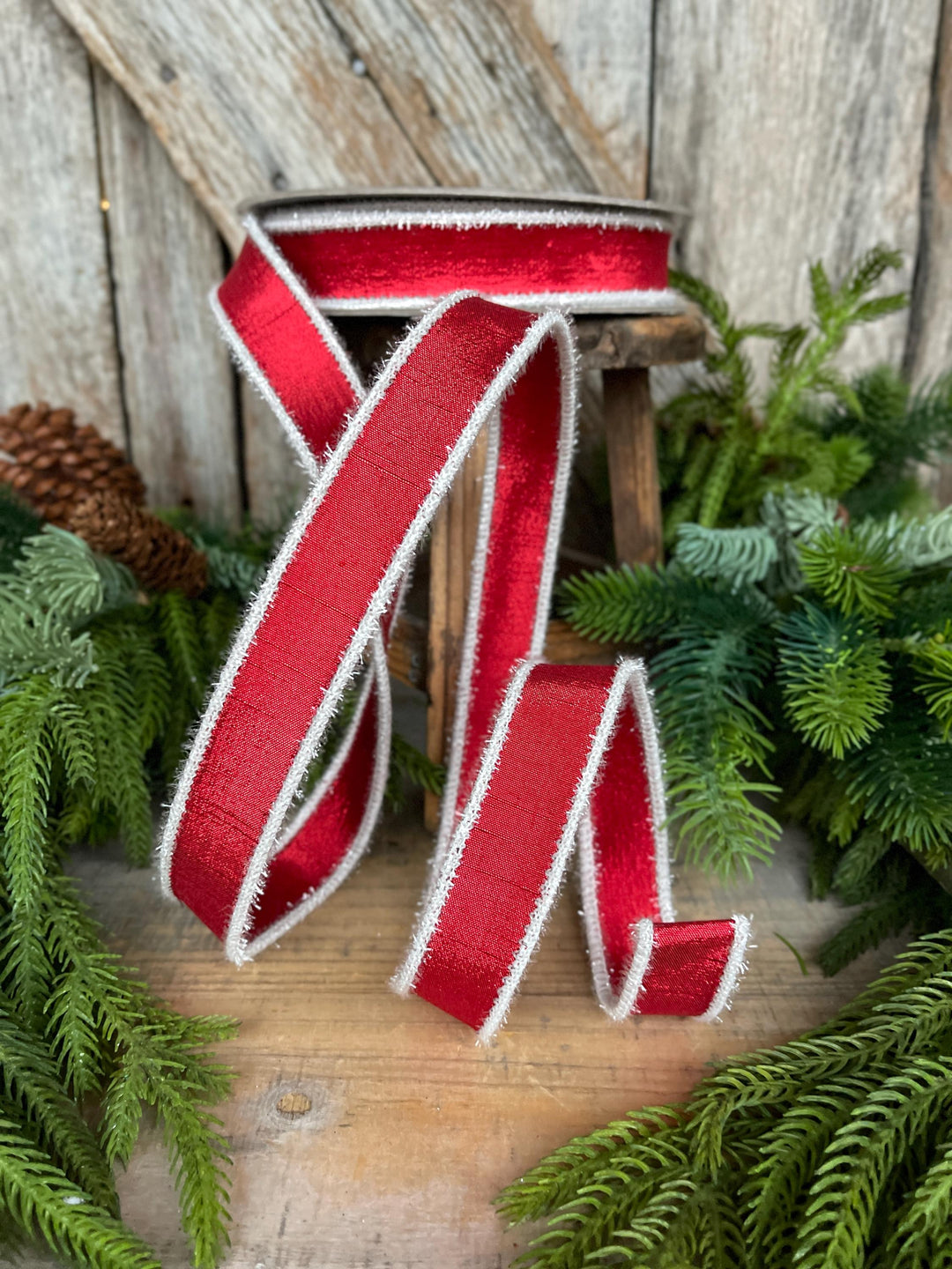 1" Red &amp; White Tinsel Ribbon, Christmas Ribbon, Farrisilk ribbon