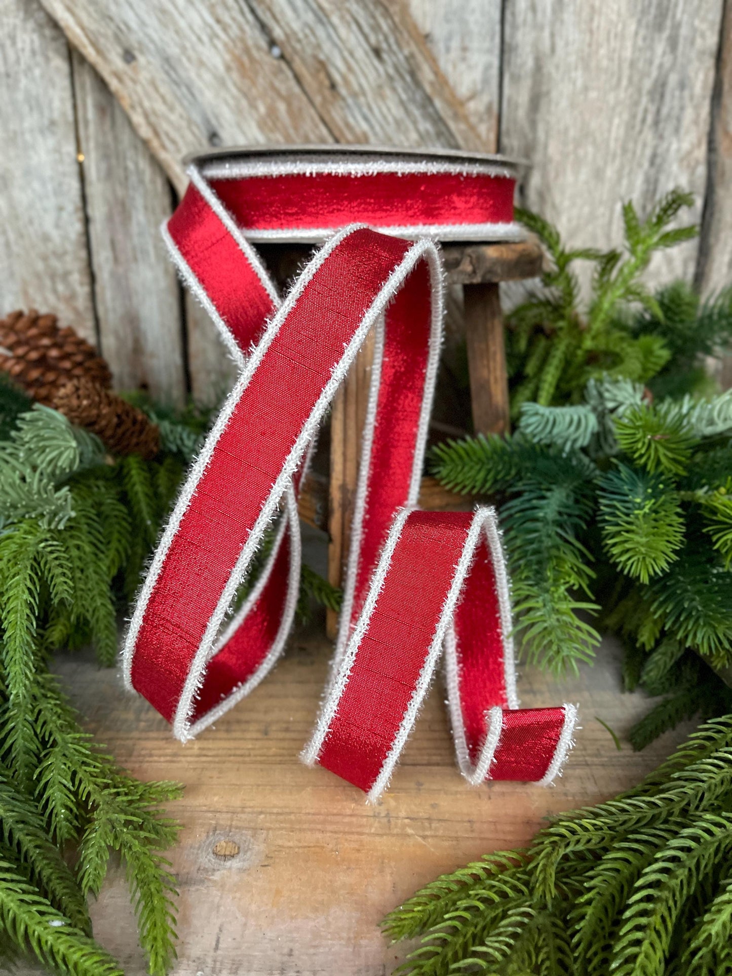 1" Red & White Tinsel Ribbon, Christmas Ribbon, Farrisilk ribbon