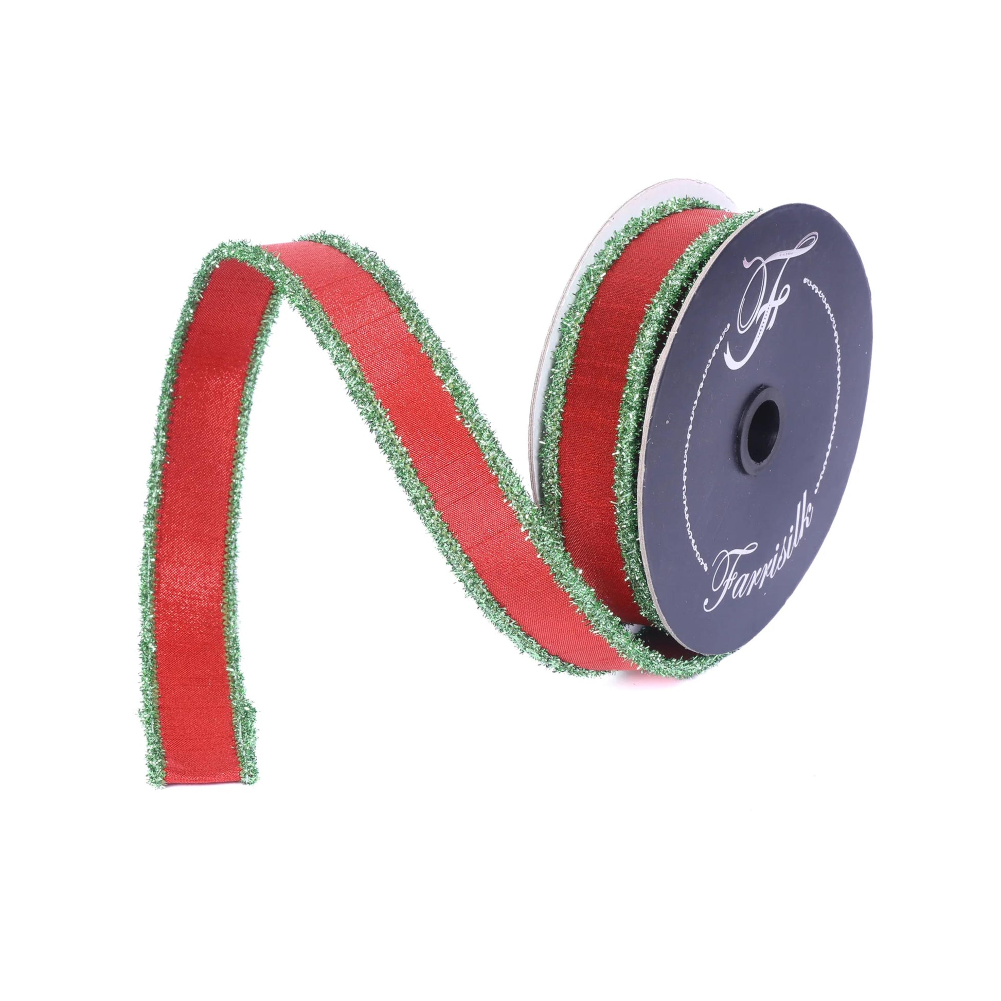 1" Red & Lime Green Tinsel Ribbon, Christmas Ribbon, Farrisilk ribbon