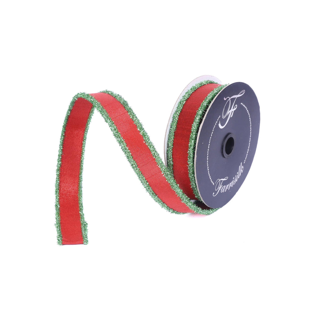 1" Red &amp; Lime Green Tinsel Ribbon, Christmas Ribbon, Farrisilk ribbon