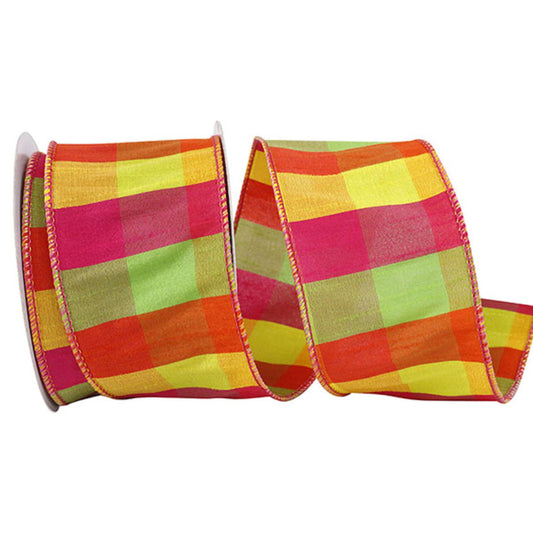 2.5" Bright Pink Yellow Plaid Wired Ribbon, Spring Ribbon, Summer Ribbon, Pink Yellow Orange Ribbon, Dupion Ribbon, Wired Ribbon